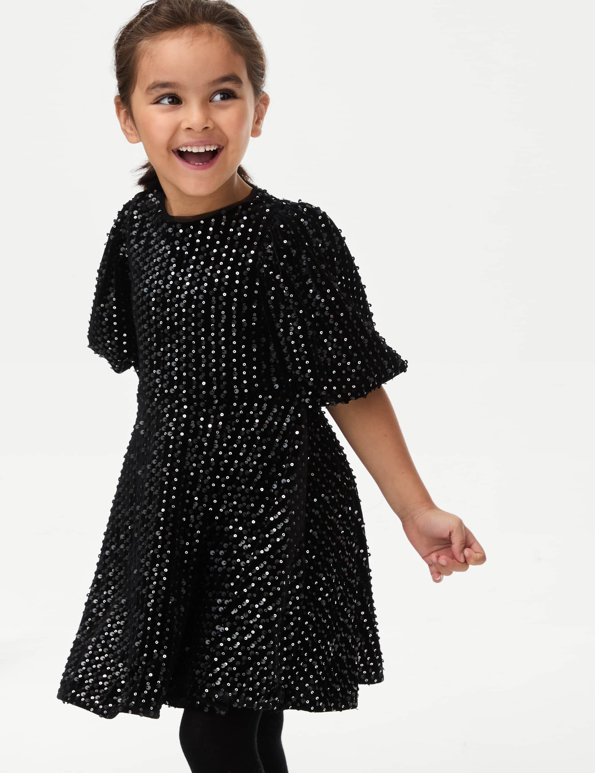 M&S Collection Girls Velvet Sequin Dress (2-8 Yrs) - 3-4 Y - Black, Black,Pink