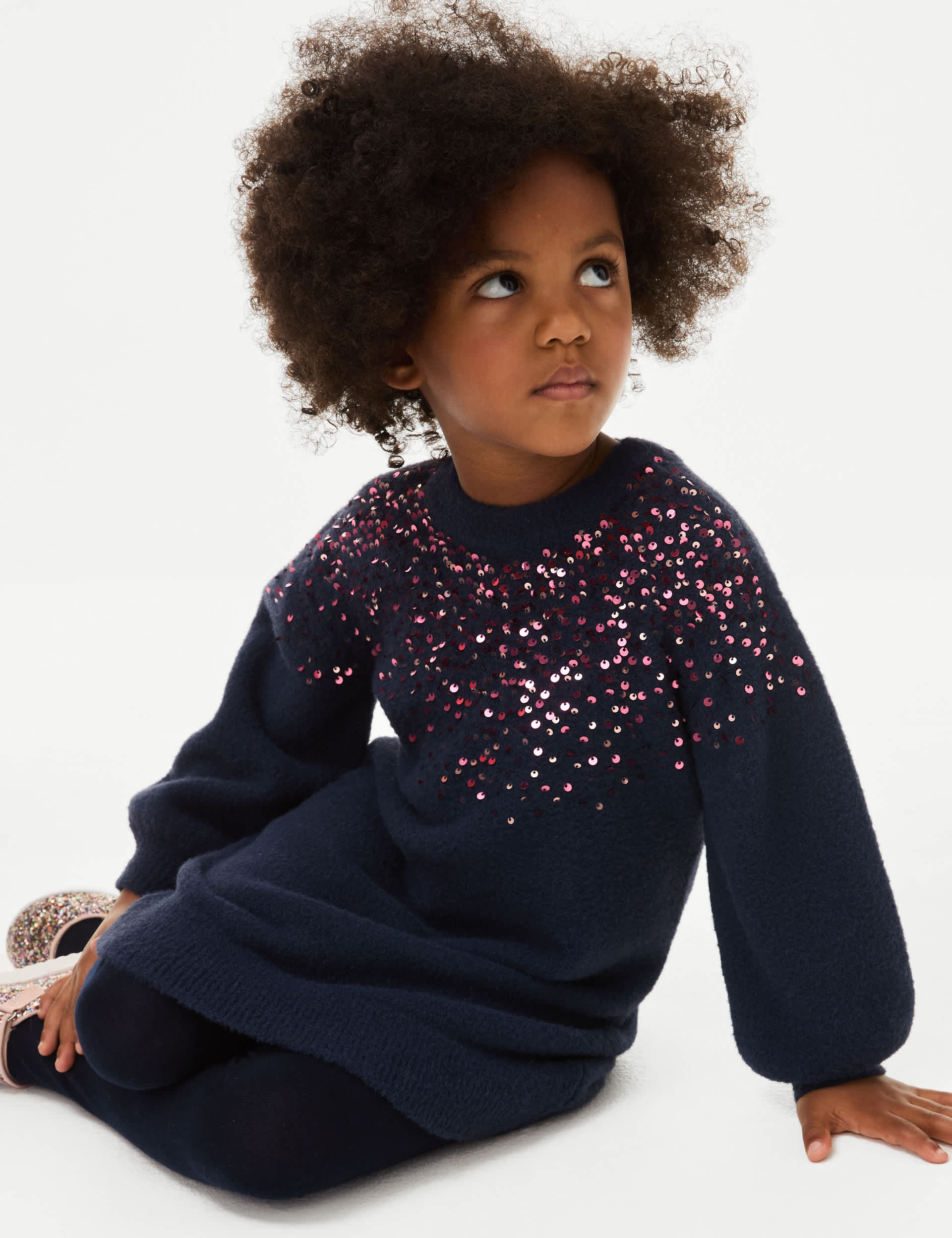 M&S Girls Sequin Knitted Dress With Tights (2-8 Yrs) - 5-6 Y - Navy, Navy