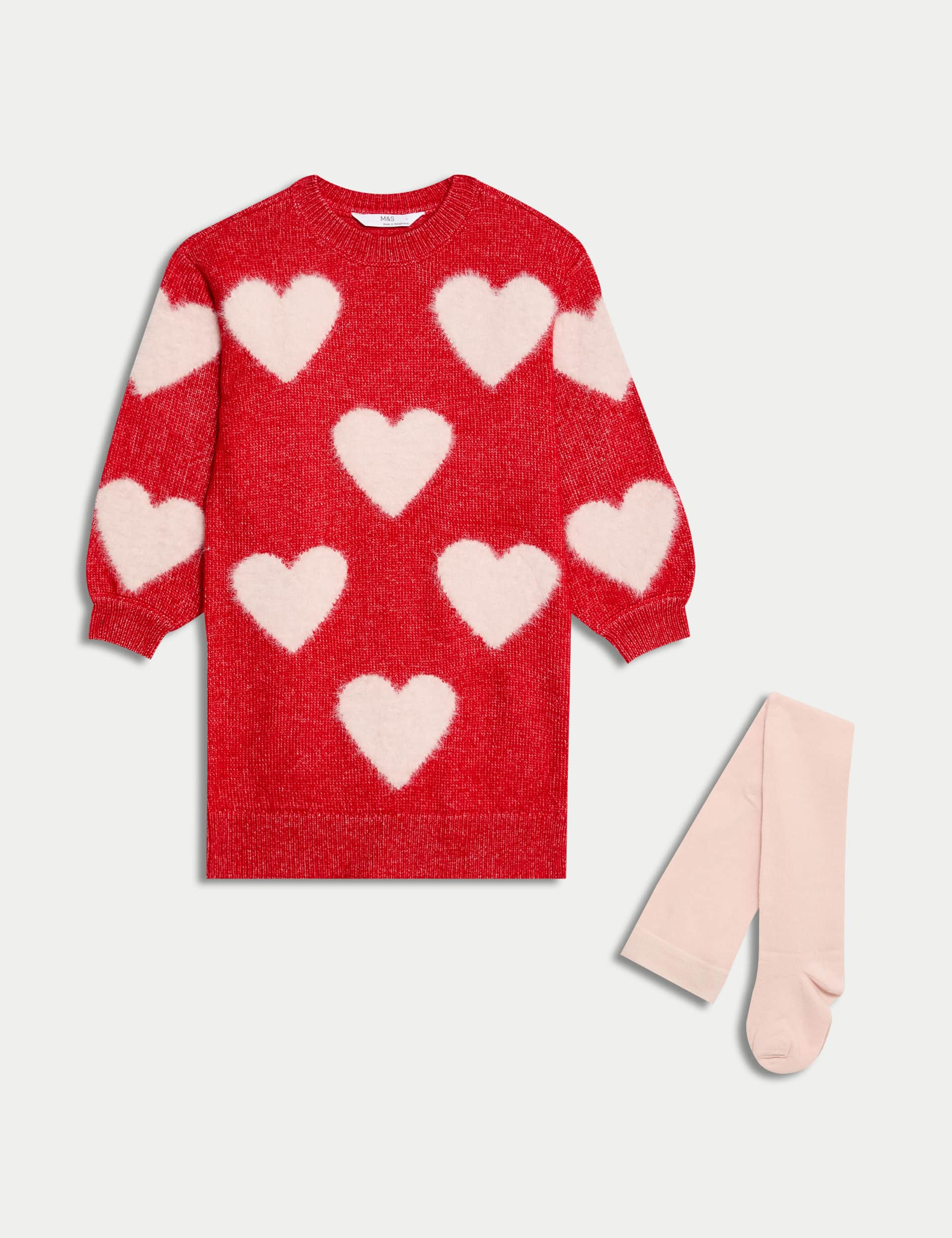 M&S Girls Heart Knitted Dress with Tights (2-8 Yrs) - 3-4 Y - Red, Red