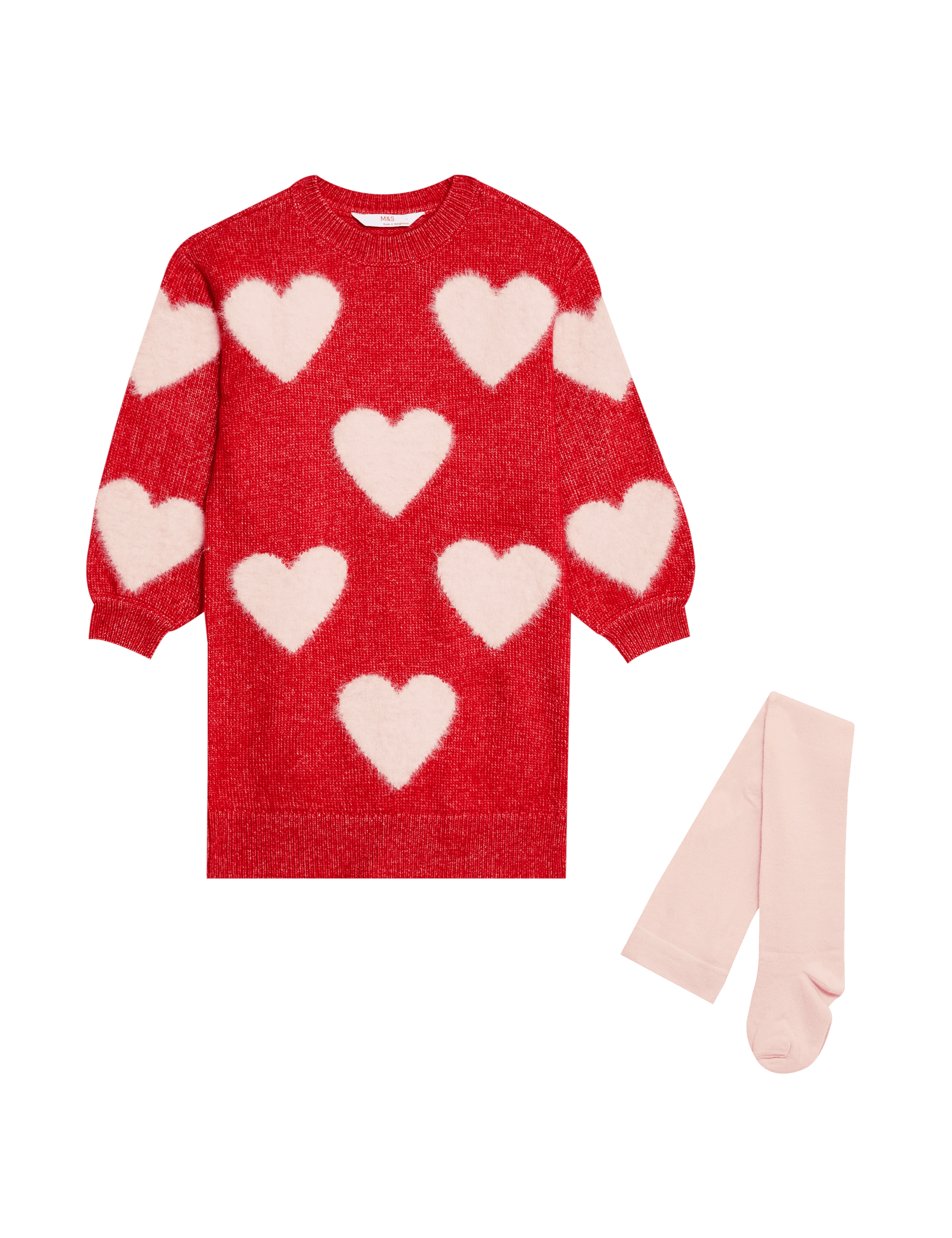 M&S Collection Girls Heart Knitted Dress with Tights (2-8 Yrs) - 6-7 Y - Red, Red