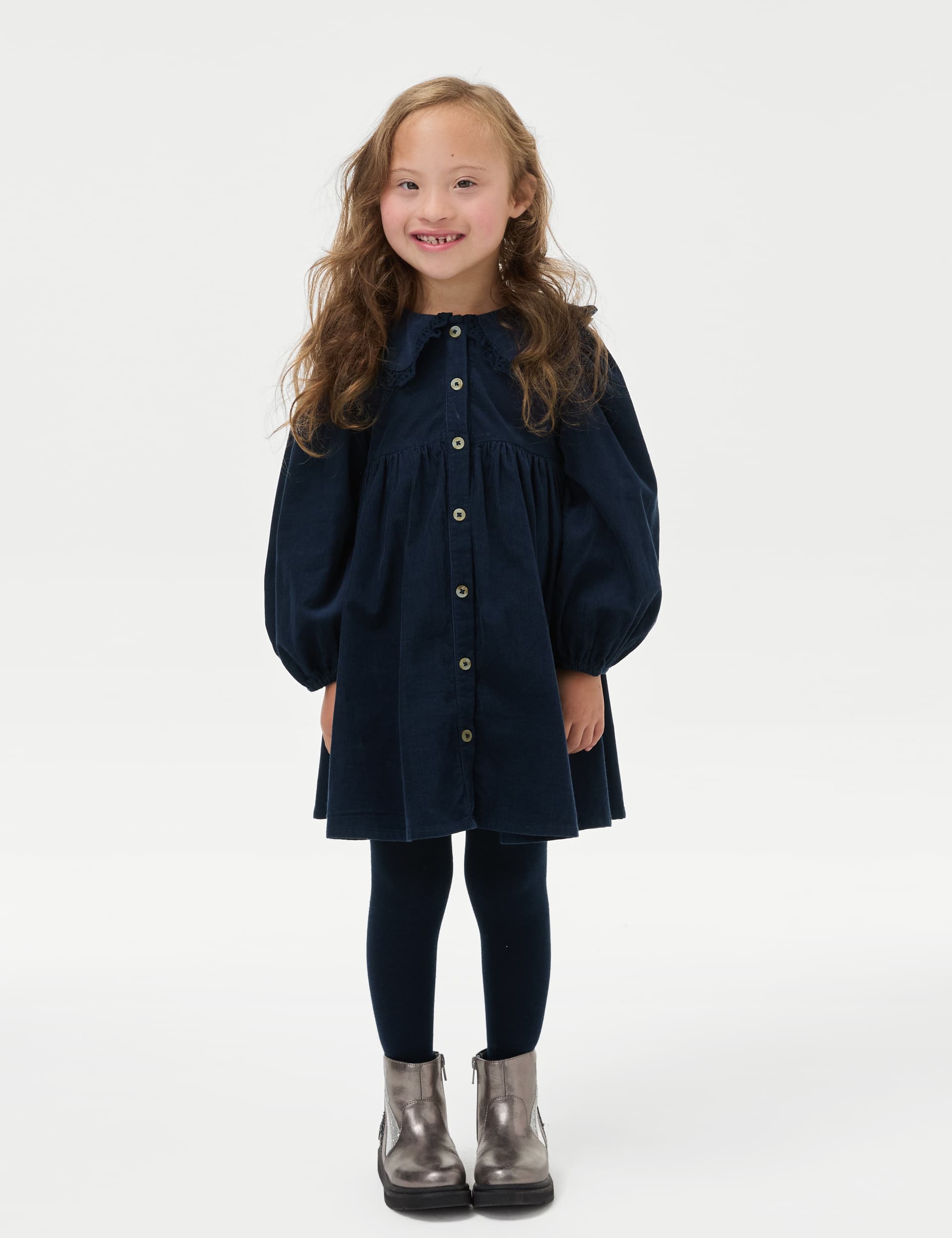 M&S Collection Girls 2pc Pure Cotton Cord Dress with Tights (1-8 Yrs) - 12-18 - Navy, Navy