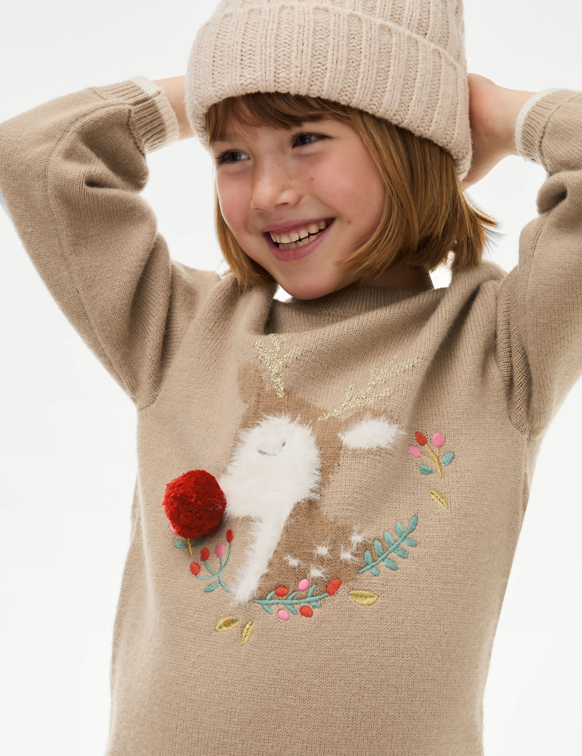 M&S Girls 2pc Reindeer Knitted Dress with Tights (1-8 Yrs) - 5-6 Y - Ecru, Ecru