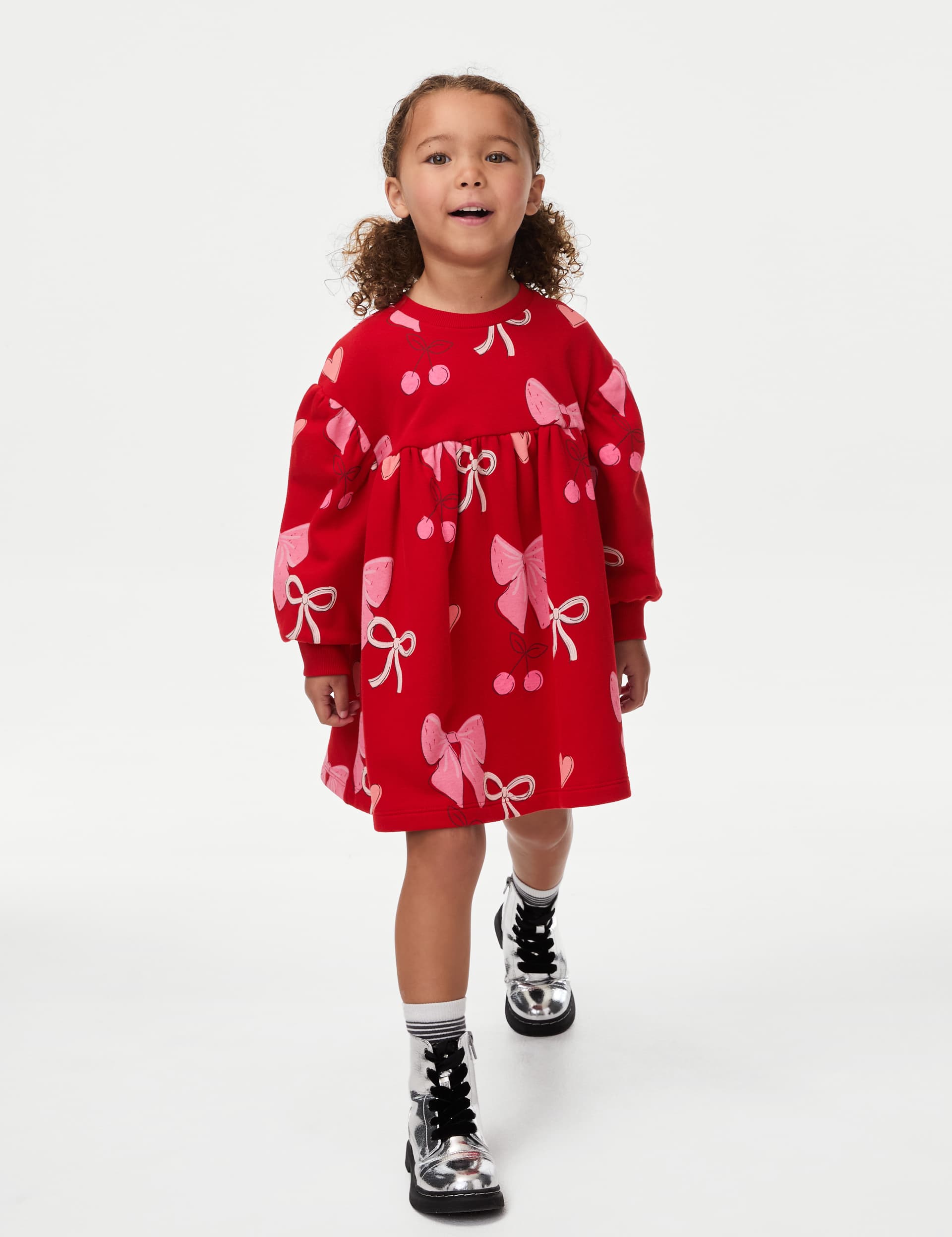 M&S Girls Cotton Rich Bow Print Dress (1-8 Yrs) - 6-7 Y - Red Mix, Red Mix