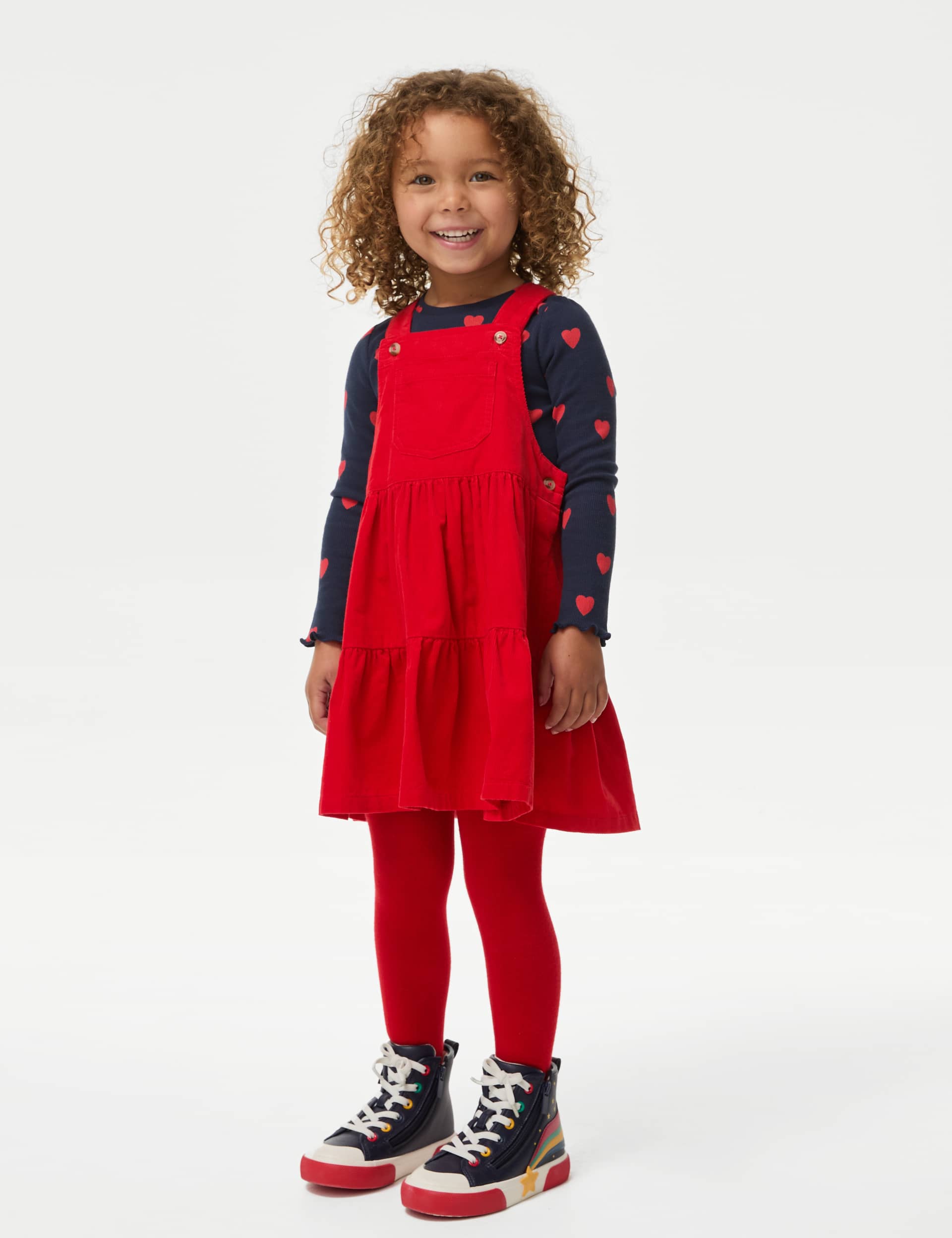 M&S Girls 3pc Cotton Rich Top and Pinafore Outfit (1-8 Yrs) - 6-7 Y - Red Mix, Red Mix