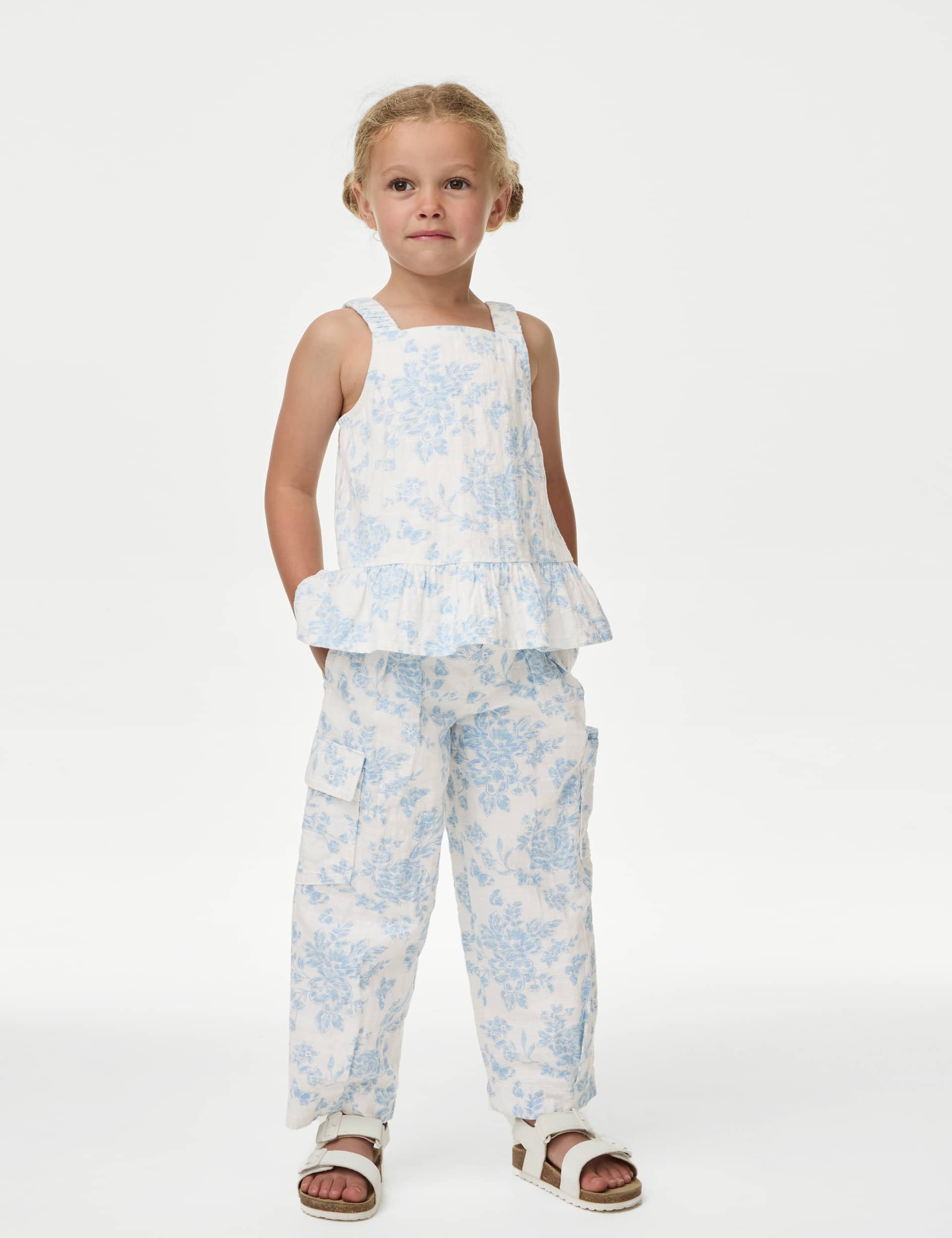 M&S Girls Cotton Rich Floral Trousers (2-8 Yrs) - 7-8 Y - Ivory Mix, Ivory Mix