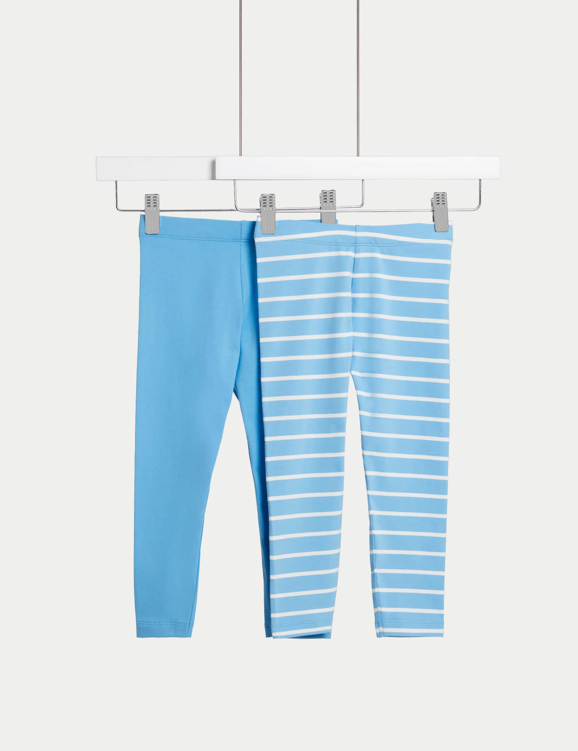 M&S Collection Girls 2 Pack Cotton Rich Striped Leggings (2-8 Yrs) - 5-6 Y - Blue Mix, Green Mix,Blu