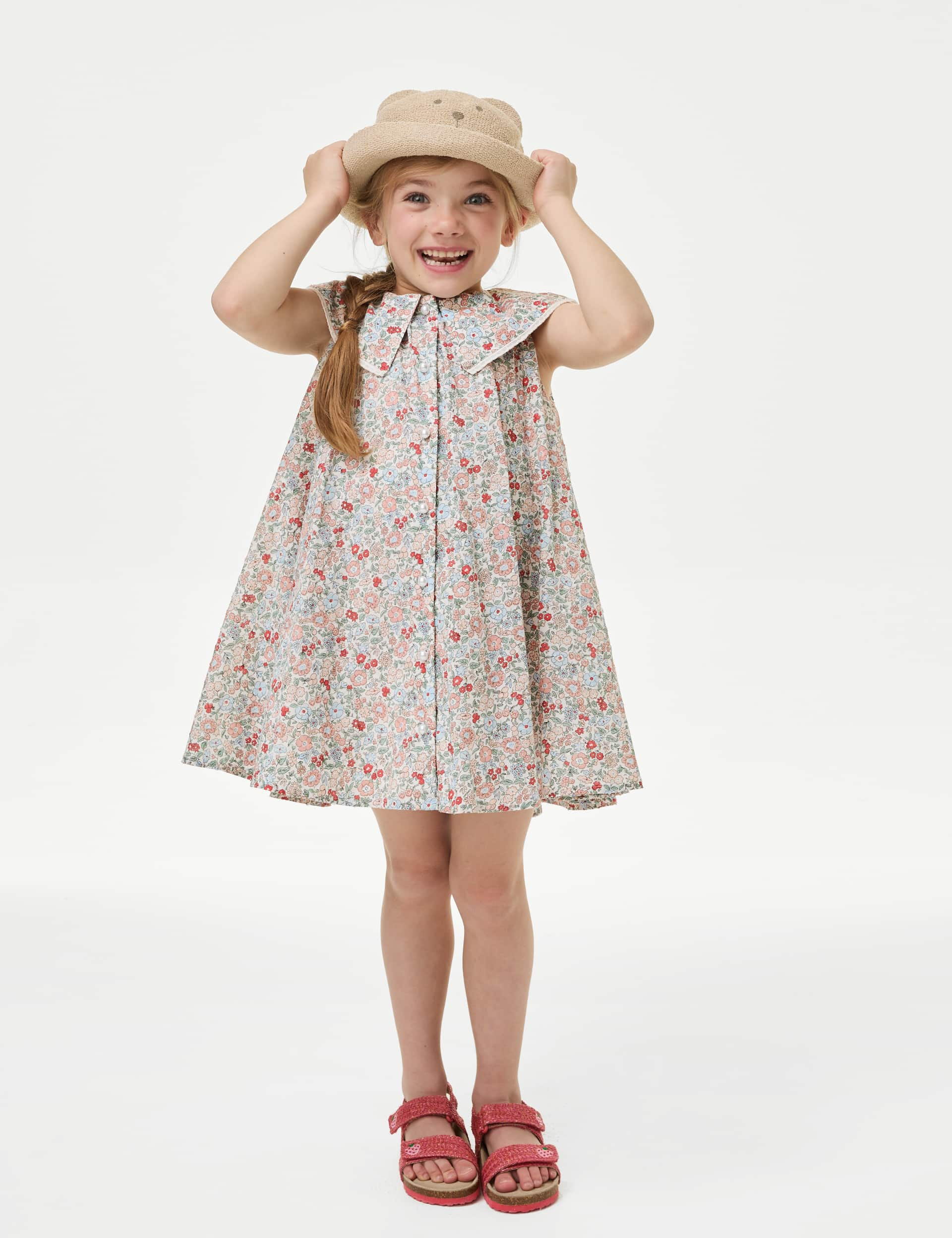 M&S Girls Pure Cotton Floral Dress (2-8 Yrs) - 5-6 Y - Blue Mix, Blue Mix,Multi