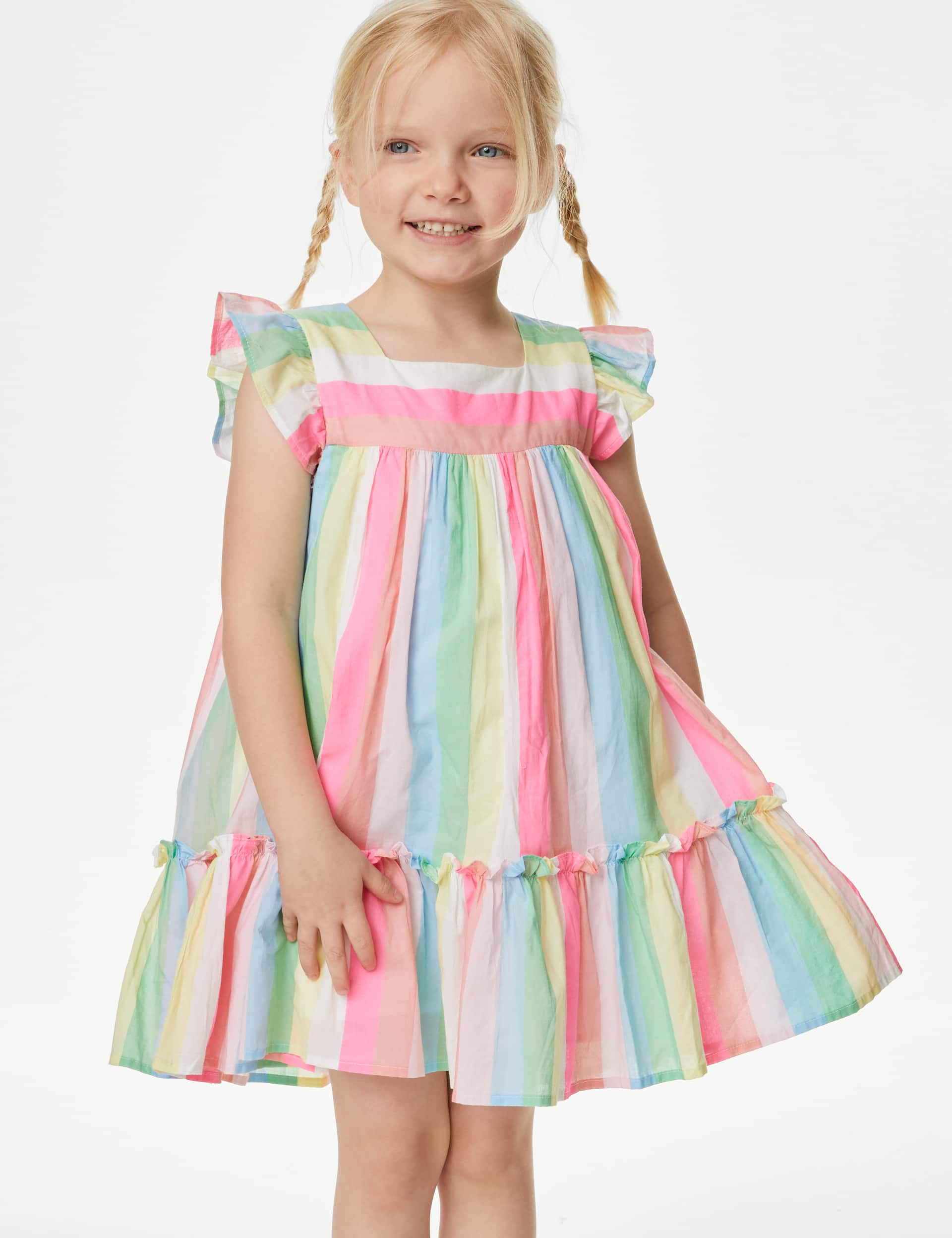 M&S Girls Pure Cotton Striped Frill Tiered Dress (2-8 Yrs) - 2-3 Y - Multi, Brown Mix,Multi