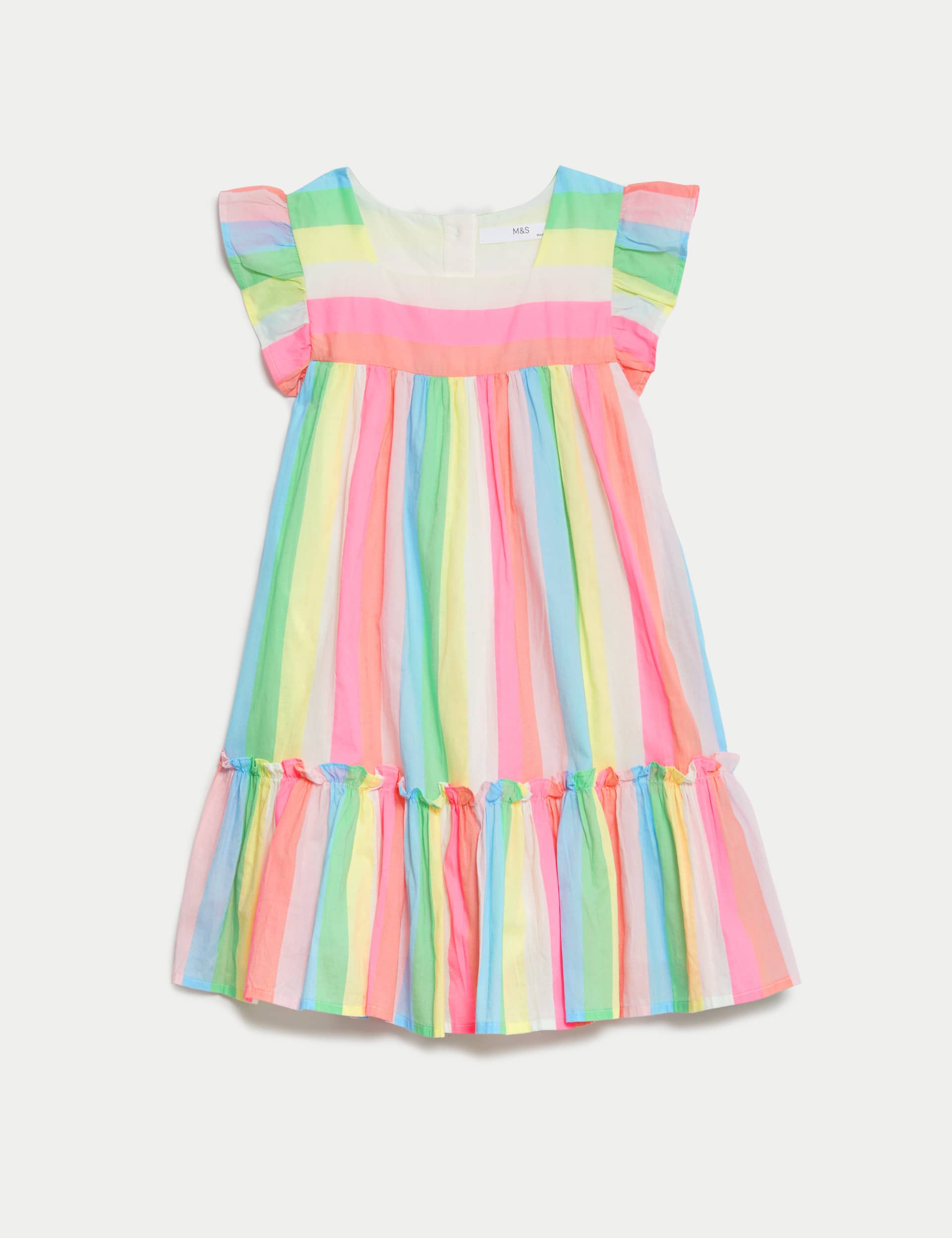 M&S Collection Girls Pure Cotton Striped Frill Tiered Dress (2-8 Yrs) - 2-3 Y - Multi, Multi