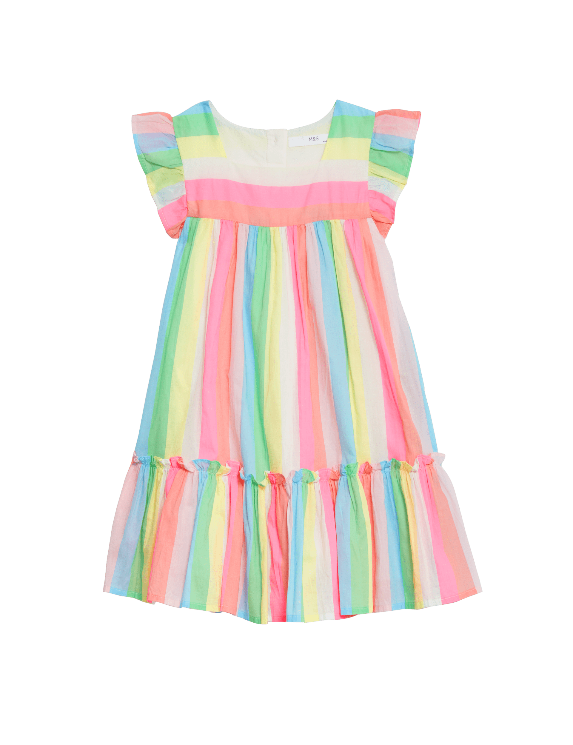 M&S Collection Girls Pure Cotton Striped Frill Tiered Dress (2-8 Yrs) - 2-3 Y - Multi, Multi