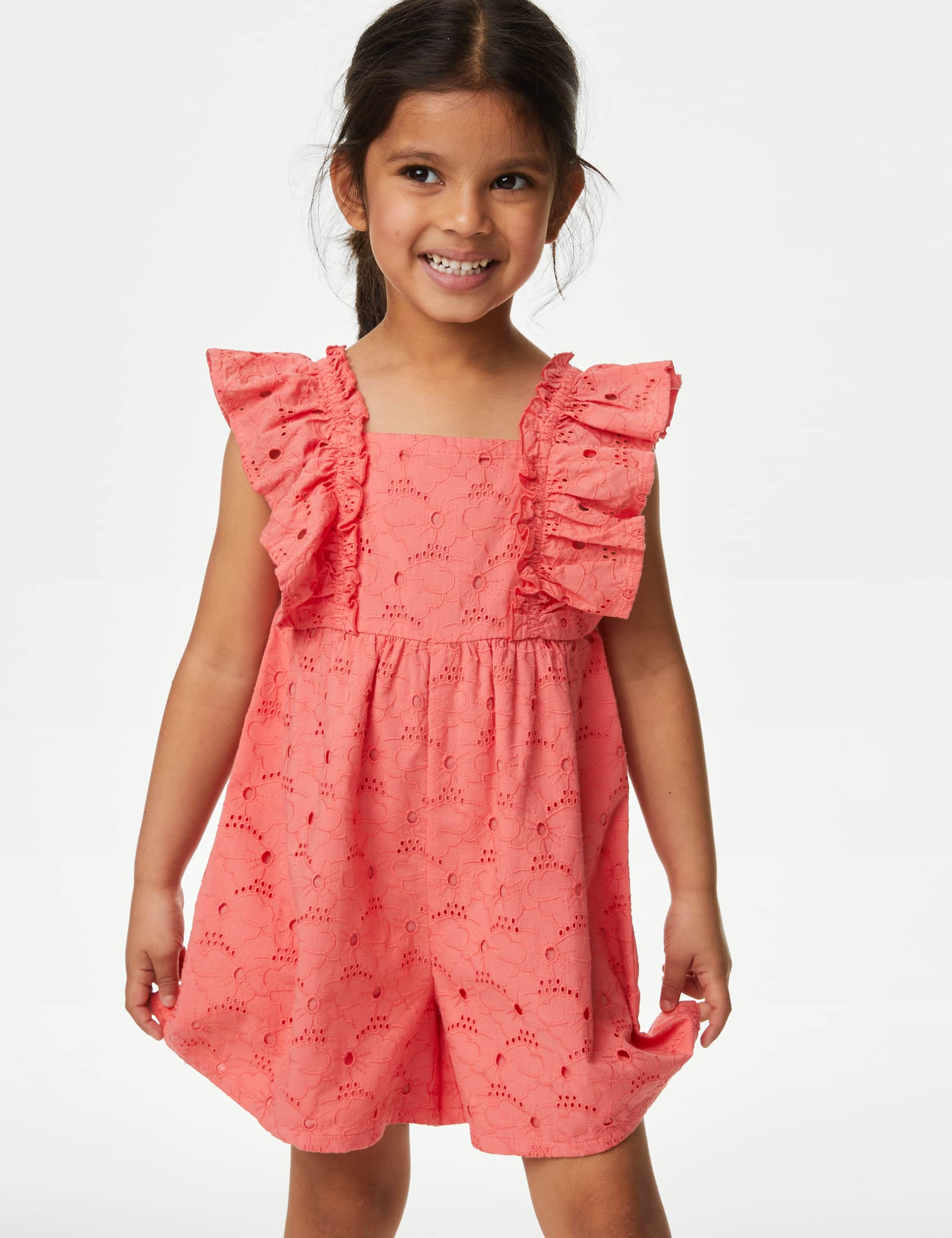 M&S Girls Pure Cotton Broderie Playsuit (2-8 Yrs) - 3-4 Y - Bright Coral, Bright Coral