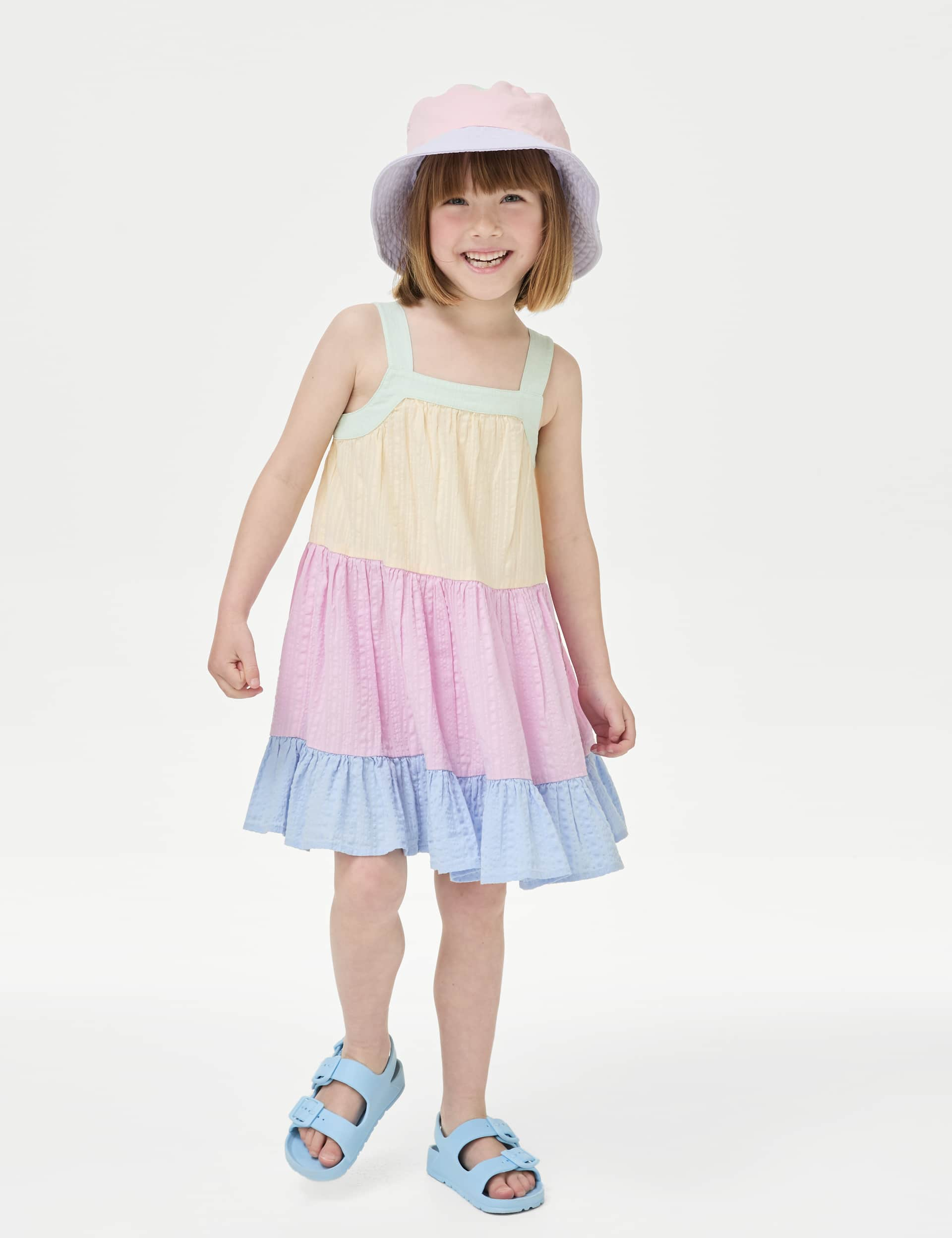 M&S Girls Pure Cotton Tiered Dress (2-8 Yrs) - 3-4 Y - Multi, Pink Mix,Multi,Green Mix