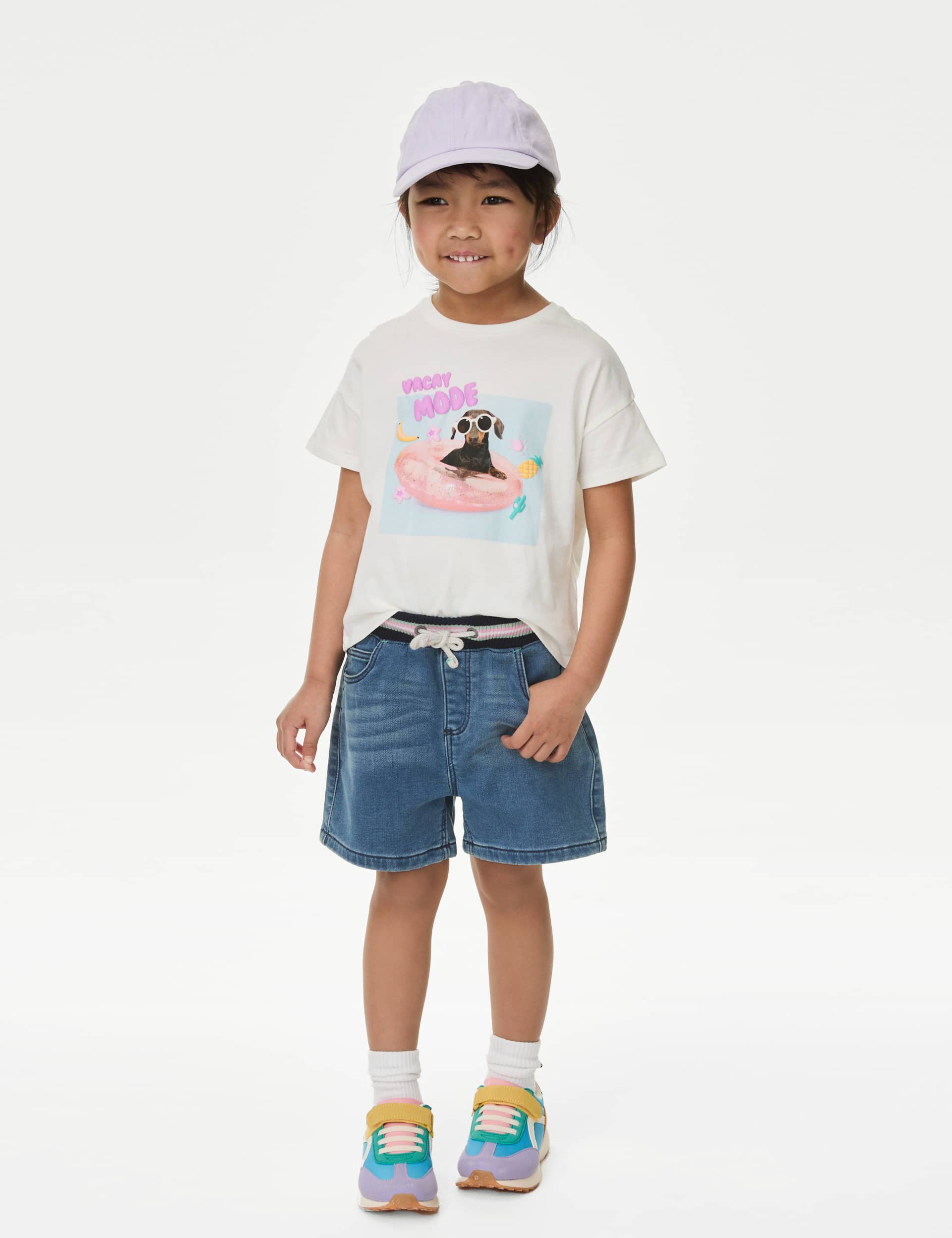 M&S Girls Contrast Waistband Denim Shorts (2-8 Yrs) - 5-6 Y - Dark Denim, Light Denim,Dark Denim