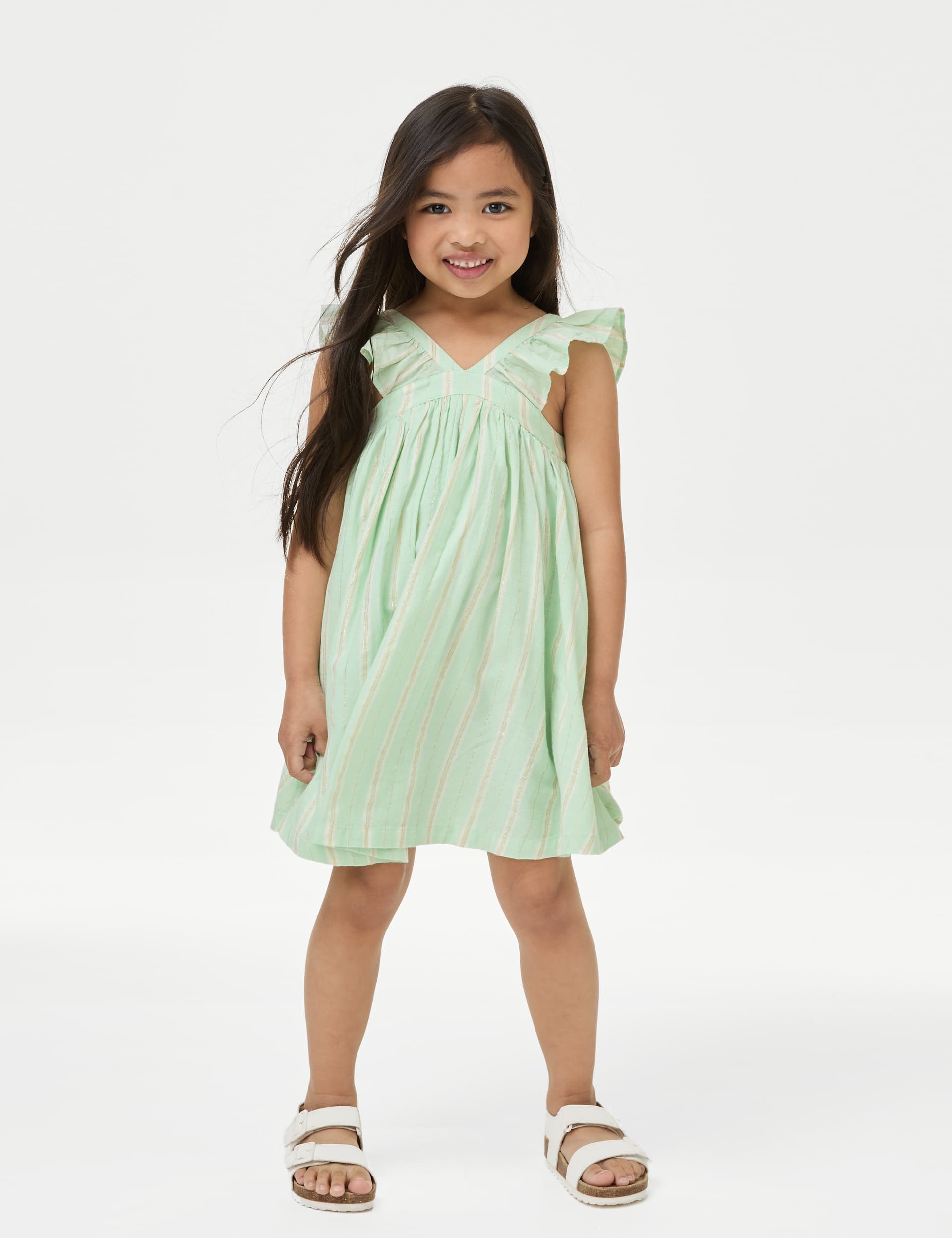 M&S Girls Cotton Rich Striped Dress (2-8 Yrs) - 5-6 Y - Aqua Mix, Aqua Mix