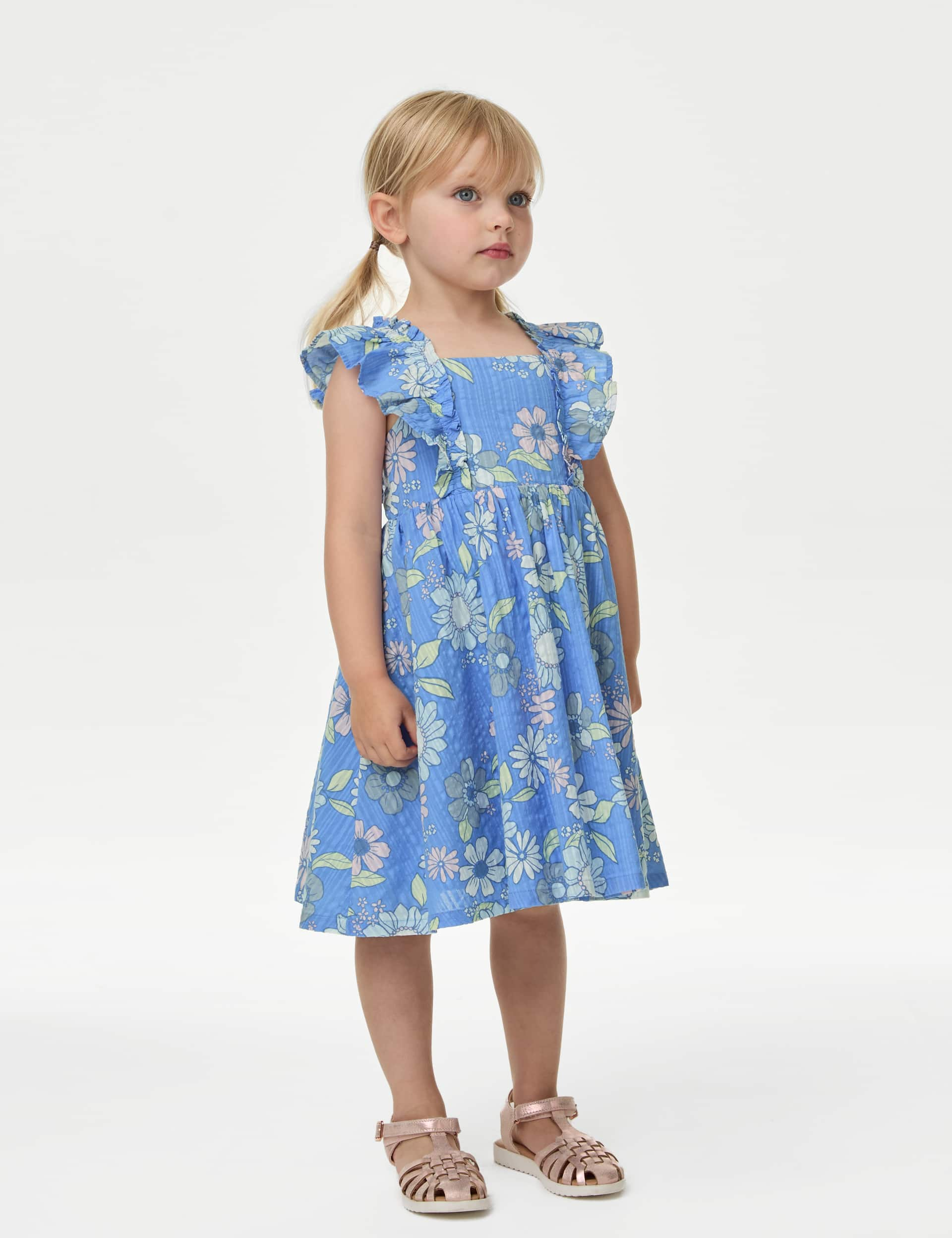 M&S Girls Pure Cotton Floral Dress (2-8 Yrs) - 2-3 Y - Blue Mix, Blue Mix