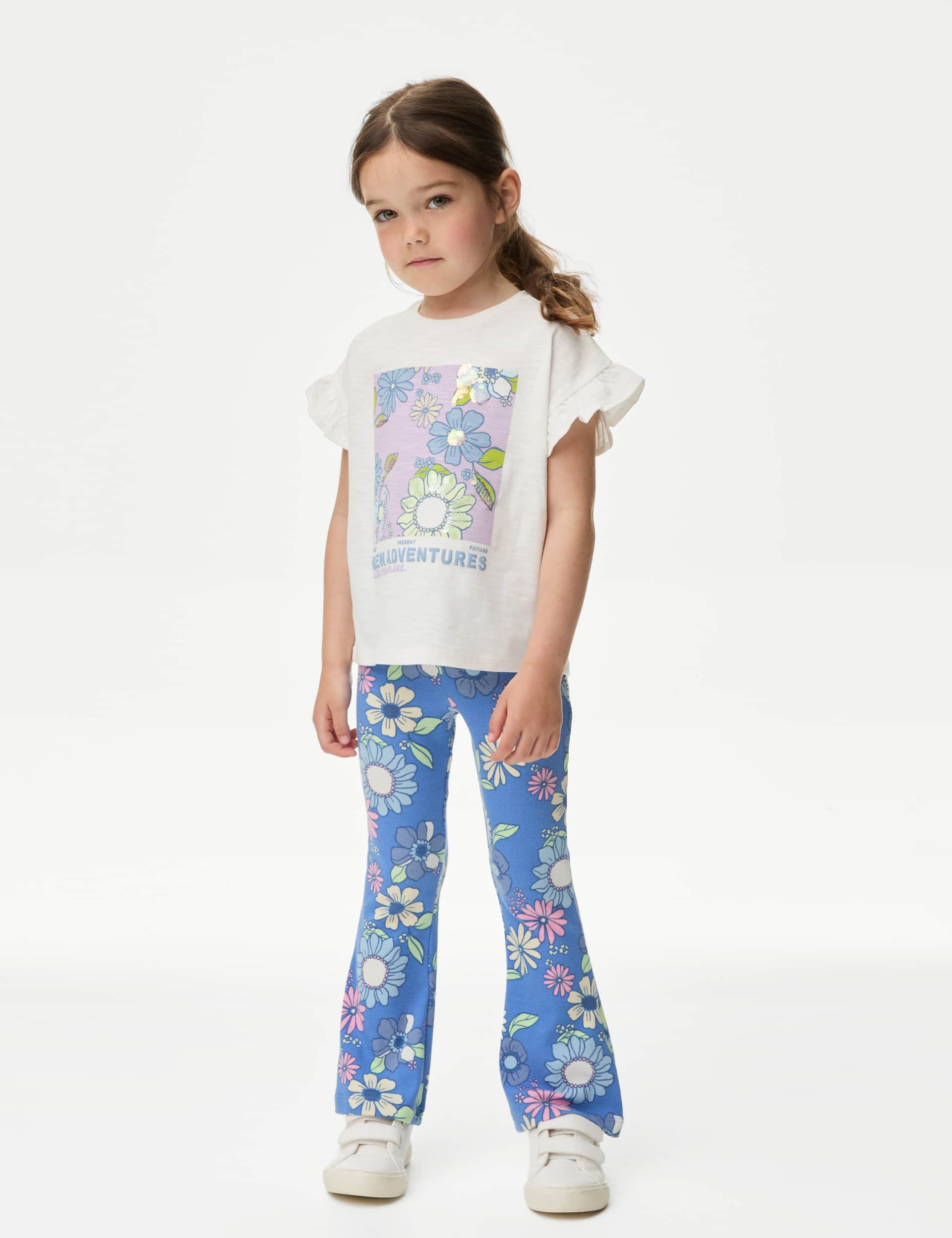 M&S Girls Cotton Rich Ribbed Floral Flared Trousers (2-8 Yrs) - 5-6 Y - Blue Mix, Blue Mix