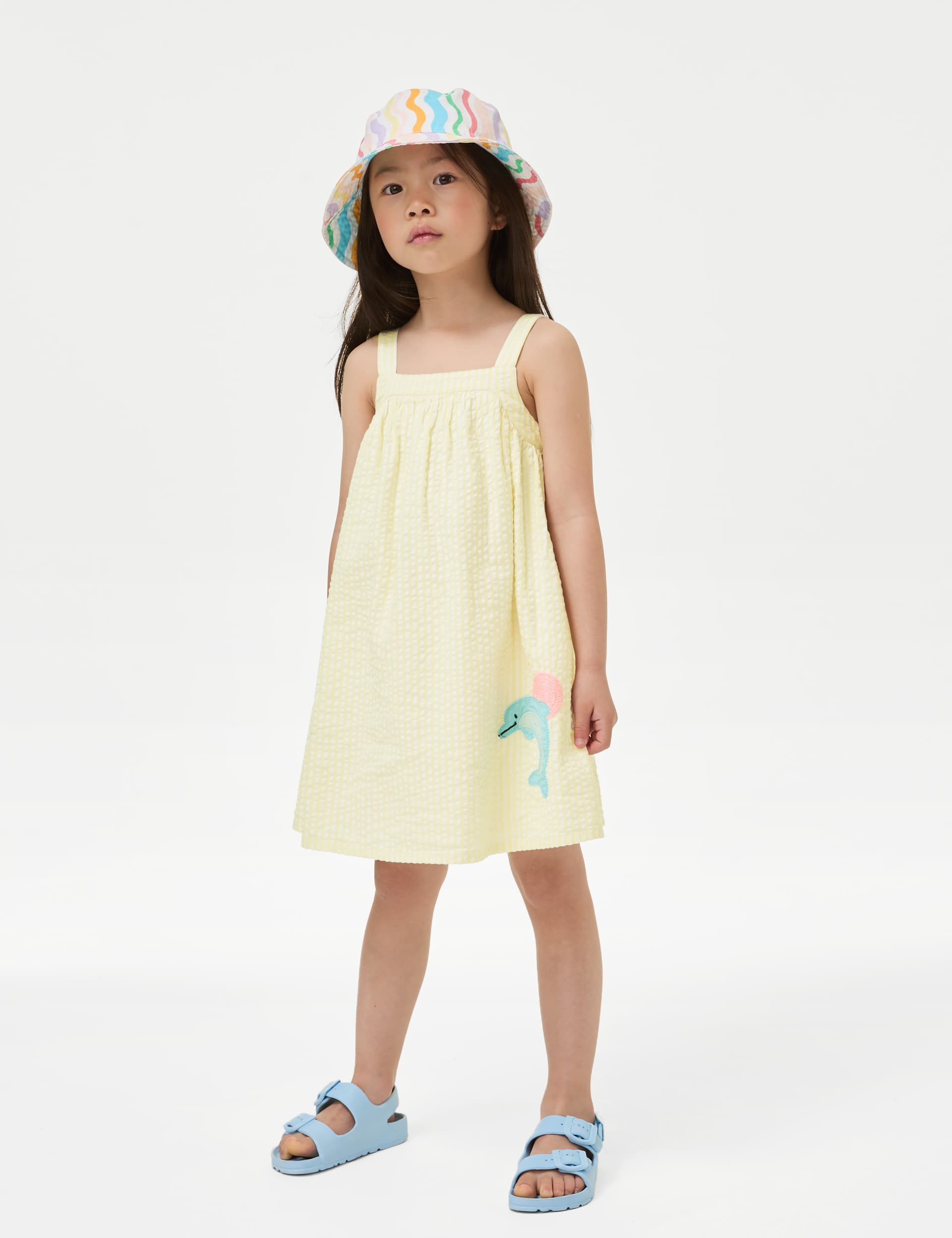 M&S Girls Pure Cotton Dolphin Dress (2-8 Yrs) - 2-3 Y - Yellow Mix, Yellow Mix