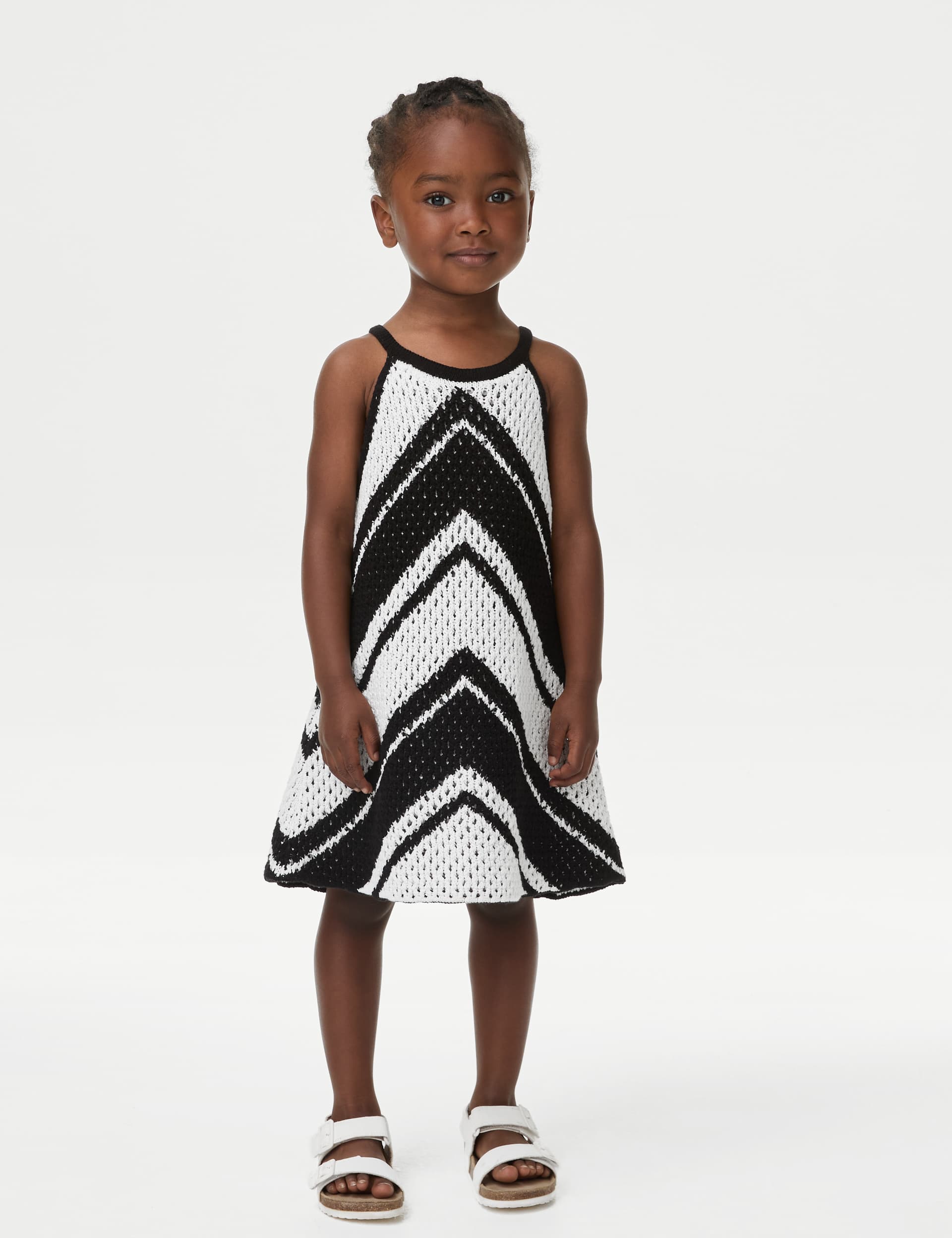 M&S Girls Pure Cotton Knitted Halter Neck Dress (2-8 Yrs) - 7-8 Y - Black Mix, Cream,Black Mix