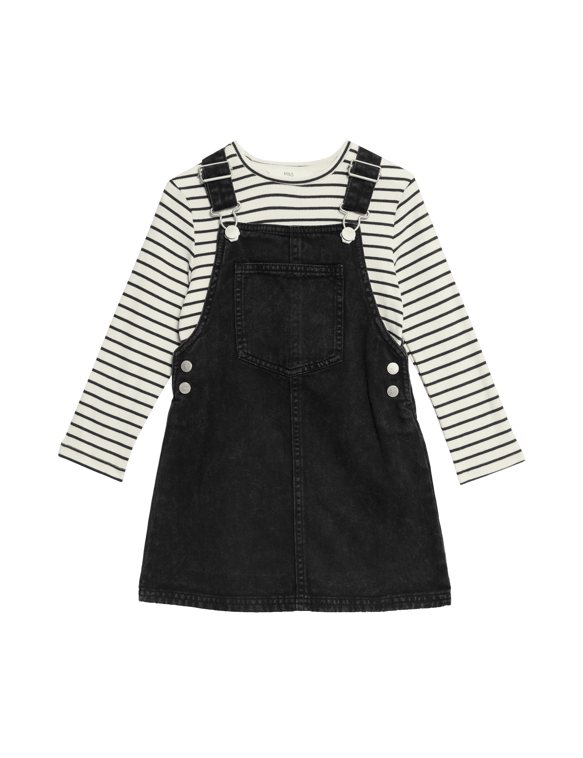 M&S Collection Girls 2pc Cotton-Rich Top & Pinafore Outfit (2-16 Yrs) - 7-8 Y - Black Mix, Black Mix