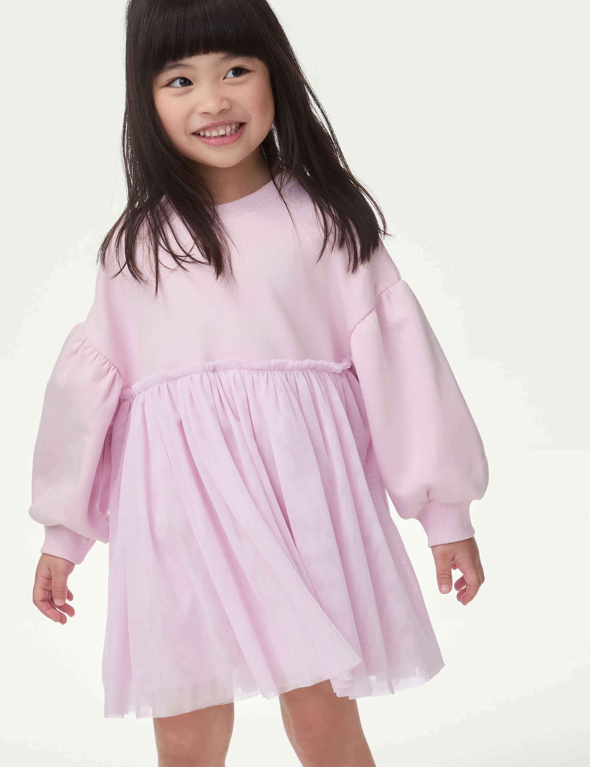 M&S Collection Girls Cotton Rich Tulle Sweatshirt Dress (1-8 Yrs) - 12-18 - Pink, Carbon,Pink