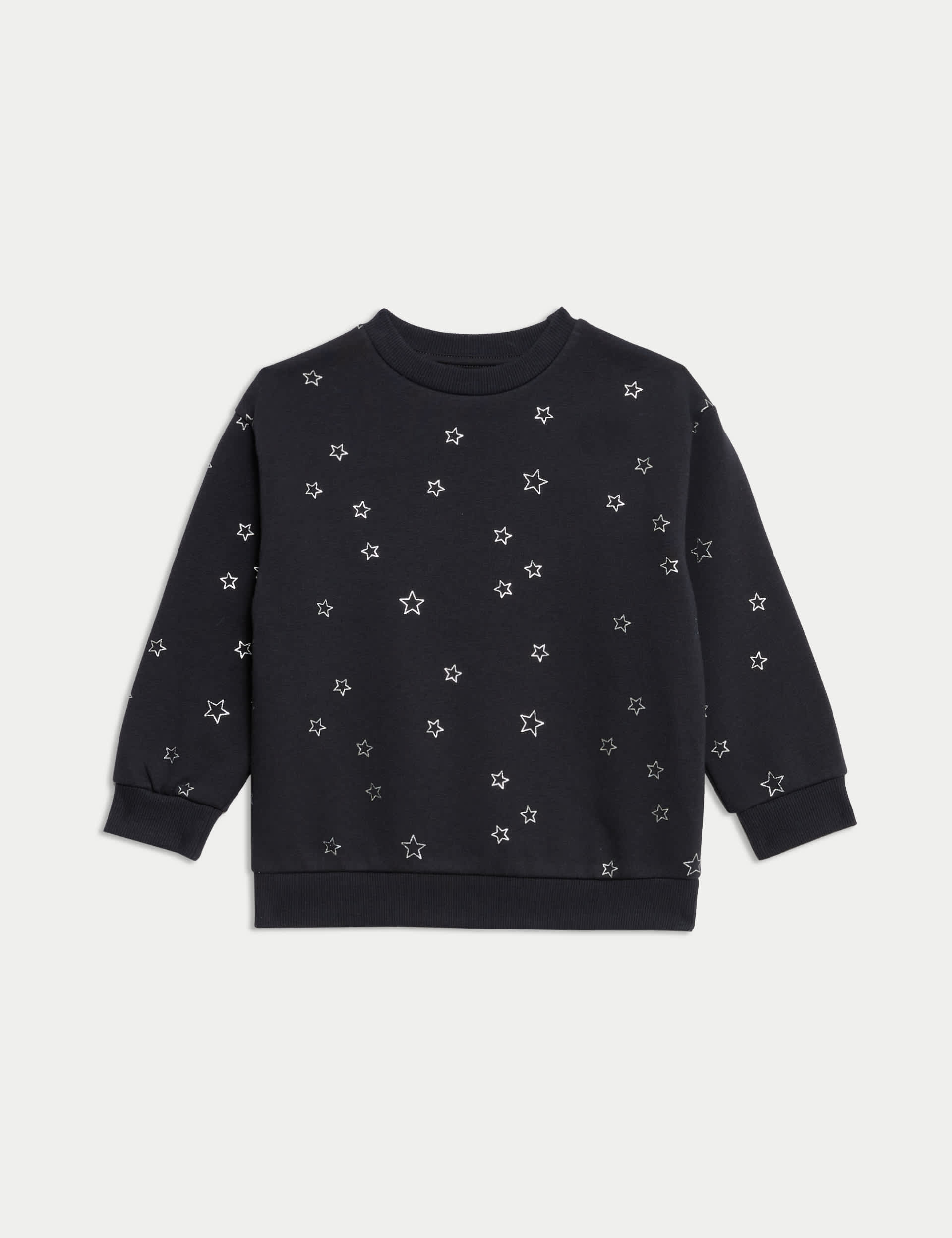 M&S Girls Cotton Rich Foil Star Sweatshirt (2-8 Yrs) - 3-4 Y - Carbon, Carbon