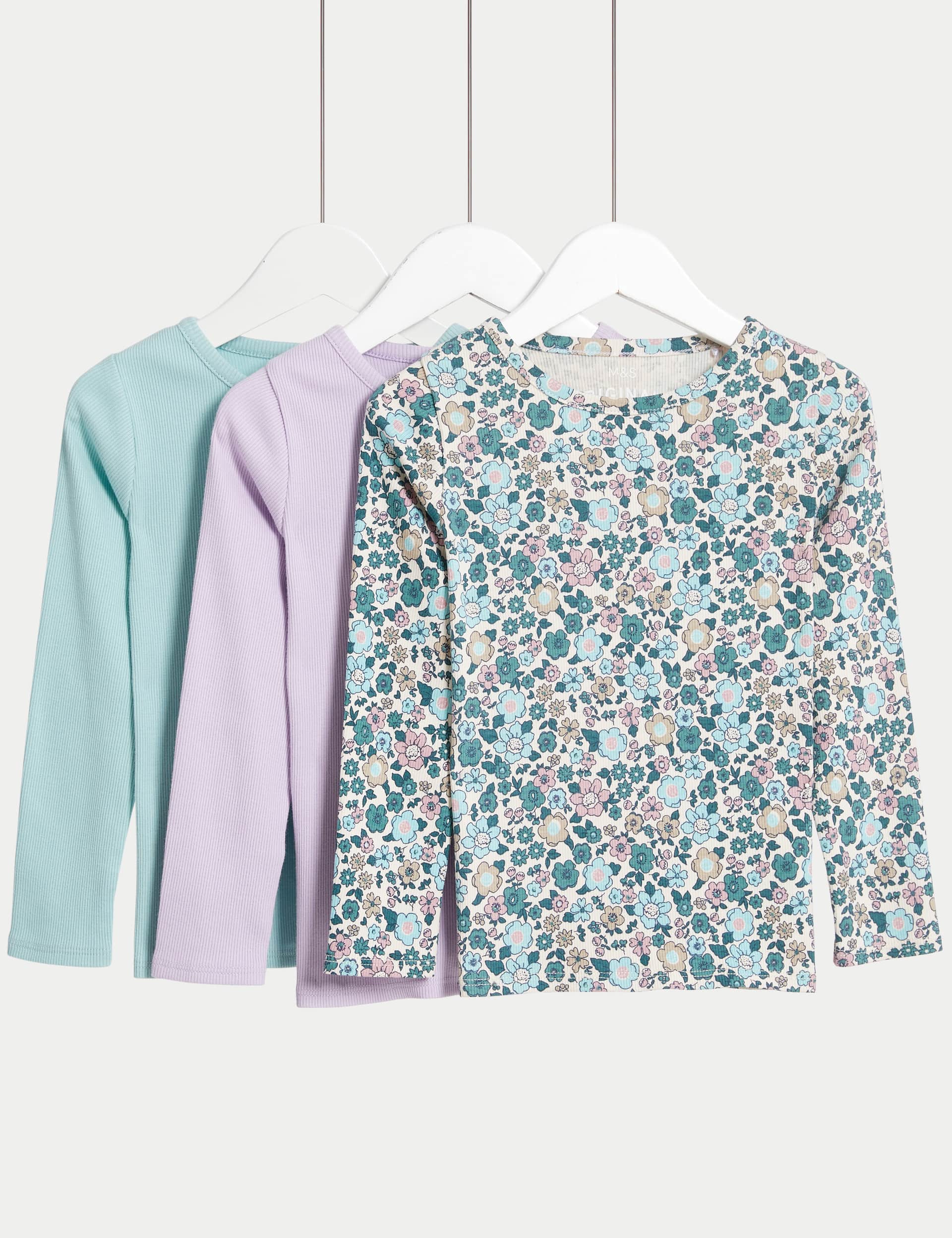 M&S Girls 3pk Cotton Rich Floral Ribbed Tops (2-8 Yrs)