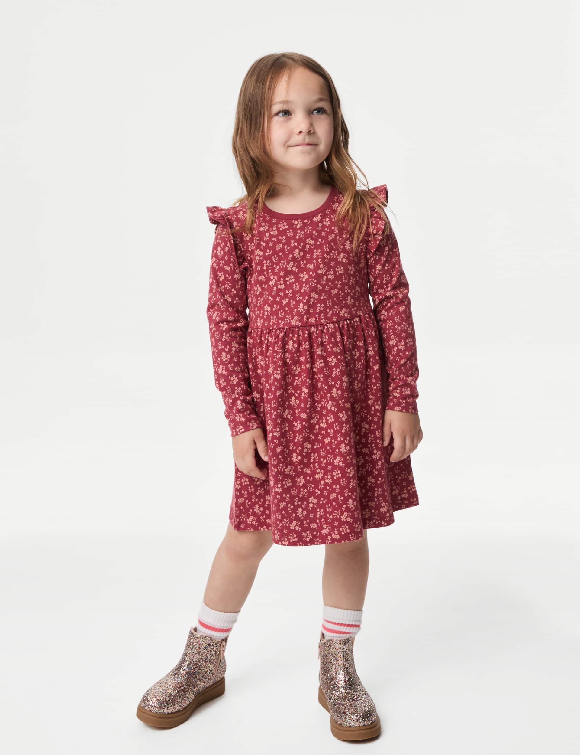 M&S Girls Pure Cotton Floral Frill Sleeve Dress (2-8 Yrs)