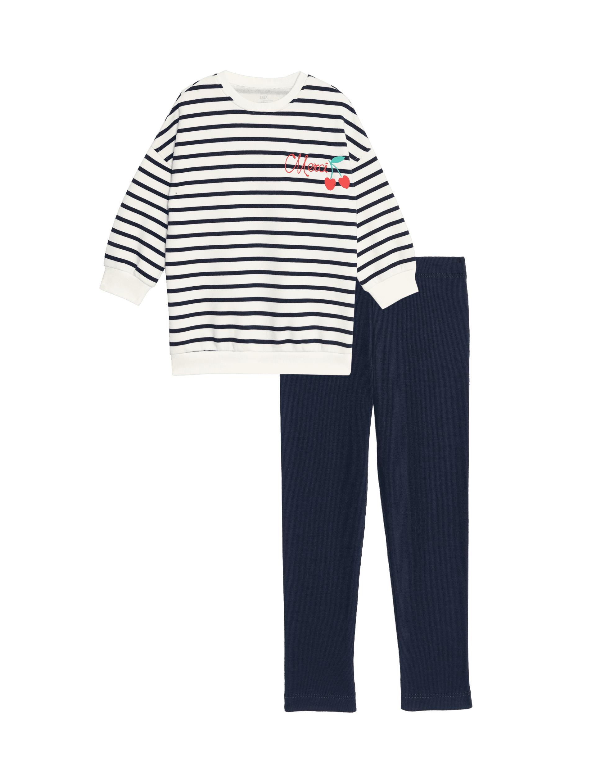 M&S Collection Girls 2pc Cotton Rich Striped Top & Bottom Outfit (1-8 Yrs) - 5-6 Y - Navy Mix, Navy 