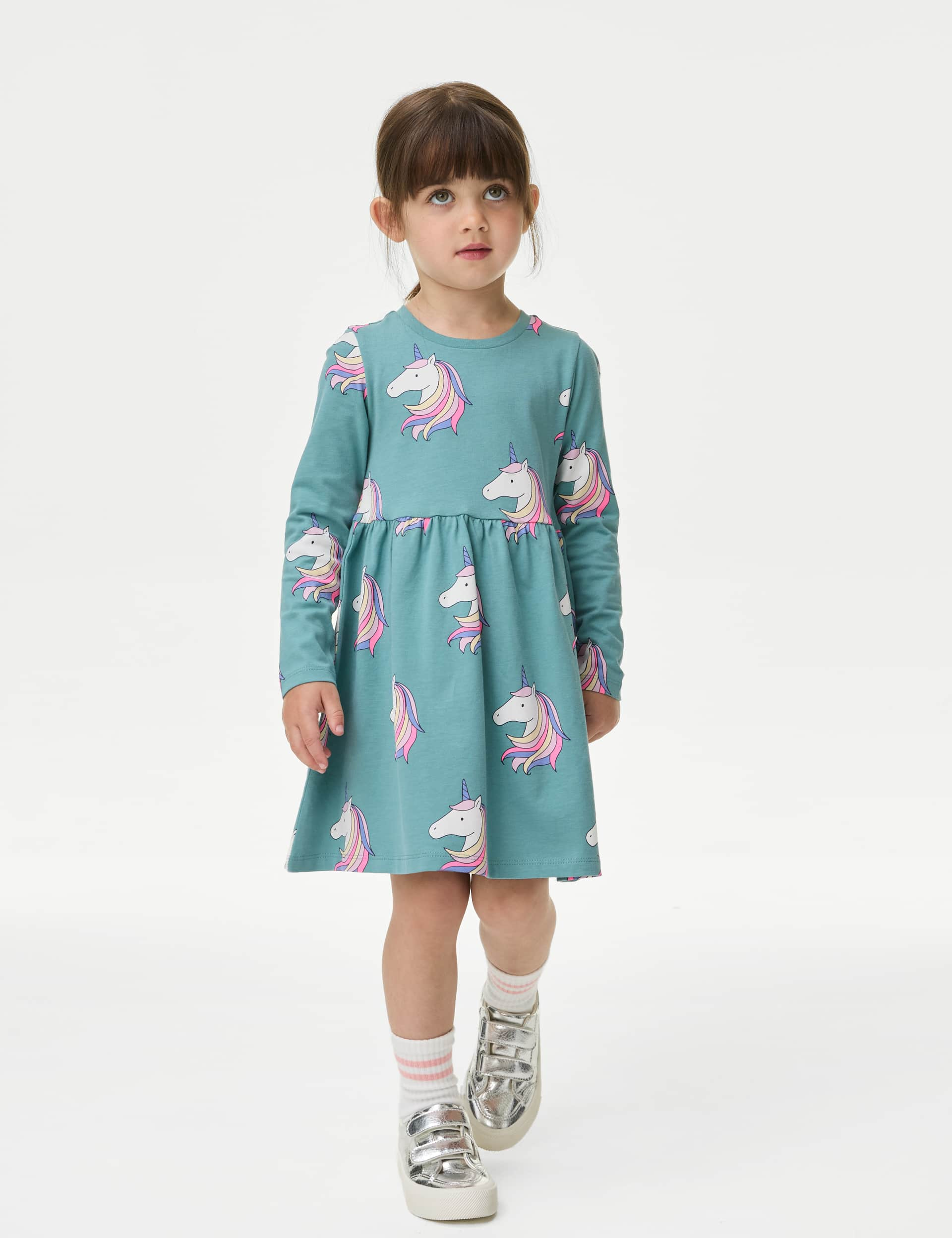 M&S Girls Pure Cotton Unicorn Dress (2-8 Yrs) - 2-3 Y - Green Mix, Green Mix