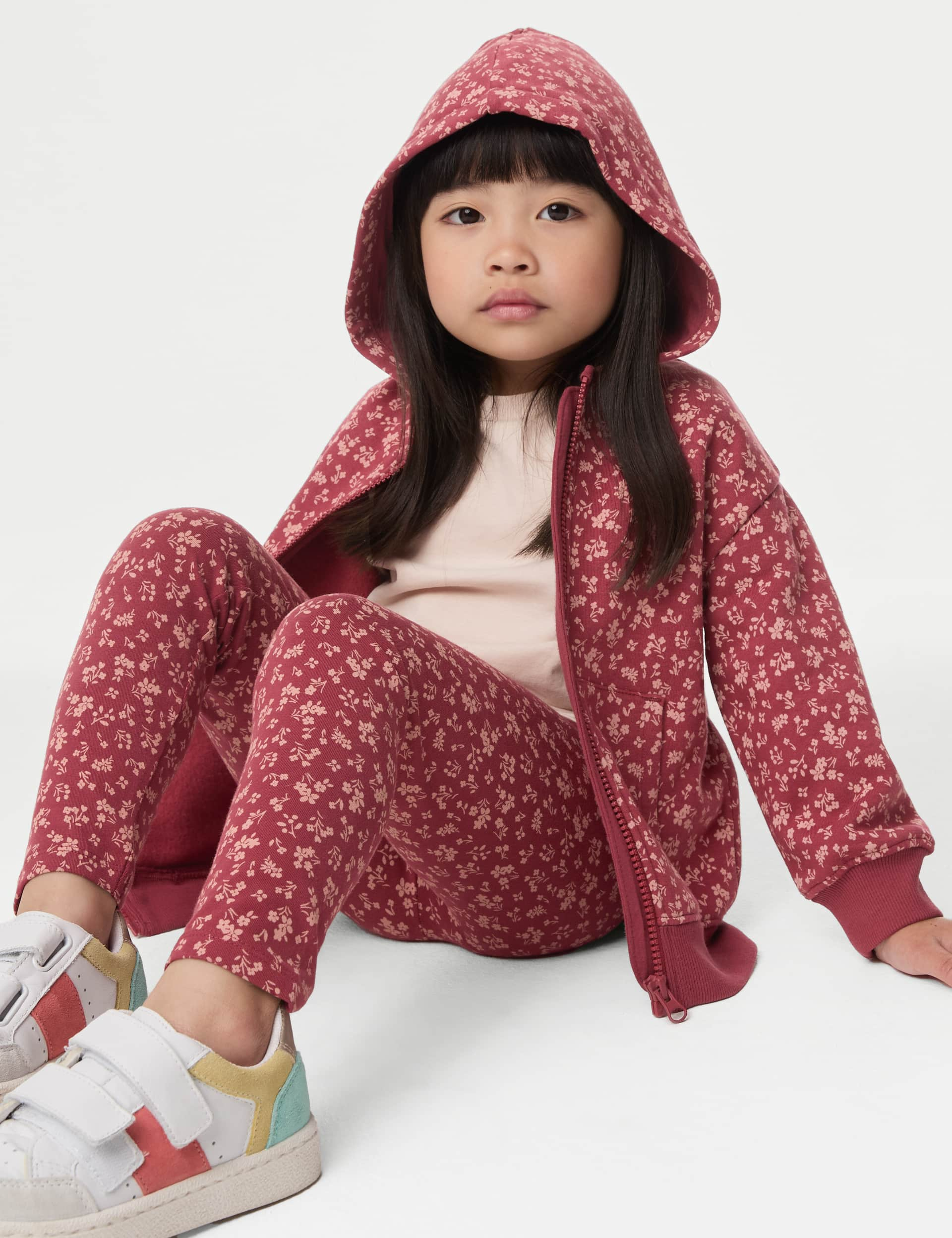 M&S Girls Cotton Rich Floral Zip Hoodie (2-8 Yrs) - 4-5 Y - Red Mix, Red Mix