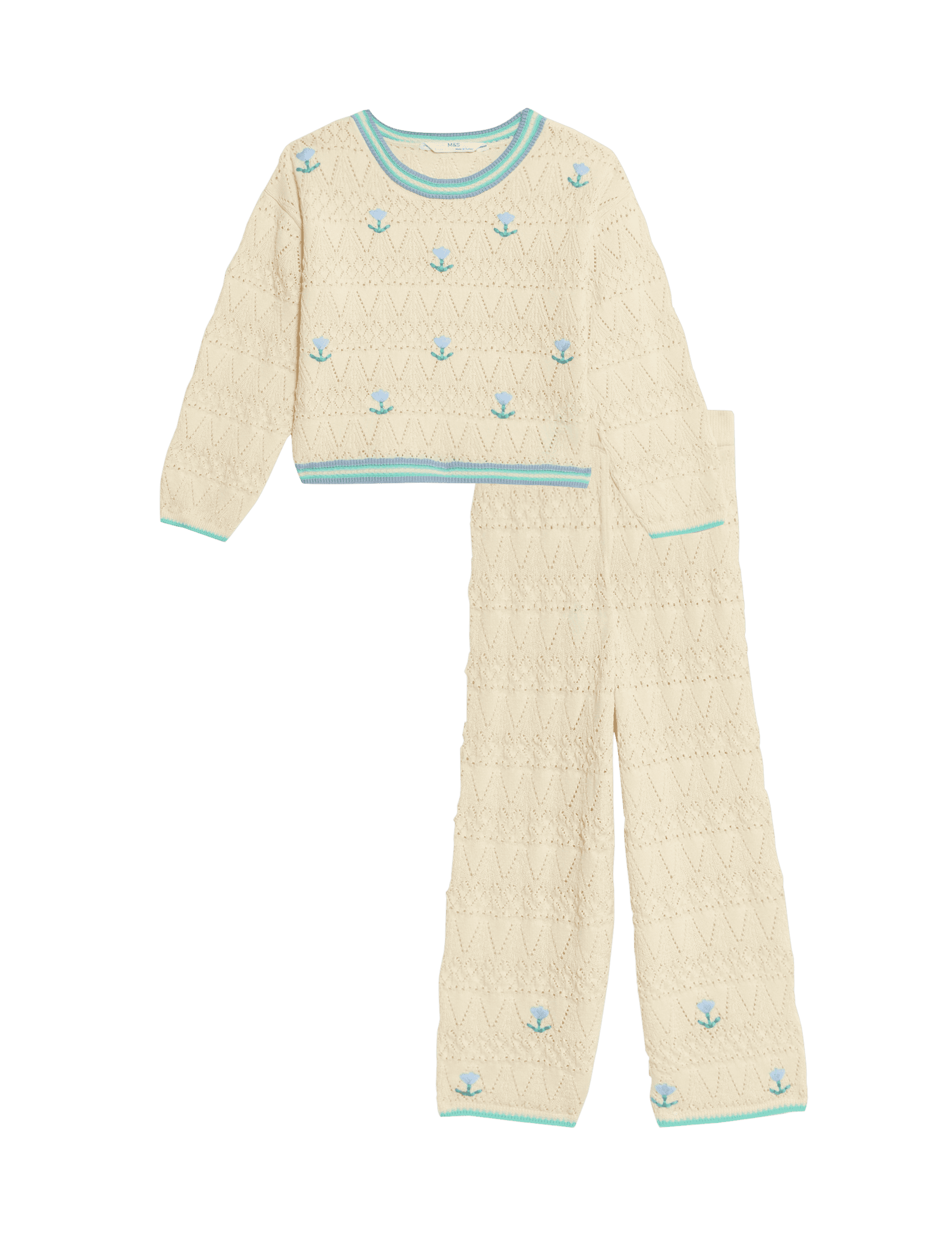 M&S Collection Girls 2pc Pure Cotton Knitted Top & Bottom Outfit (2-8 Yrs) - 5-6 Y - Ecru Mix, Ecru 