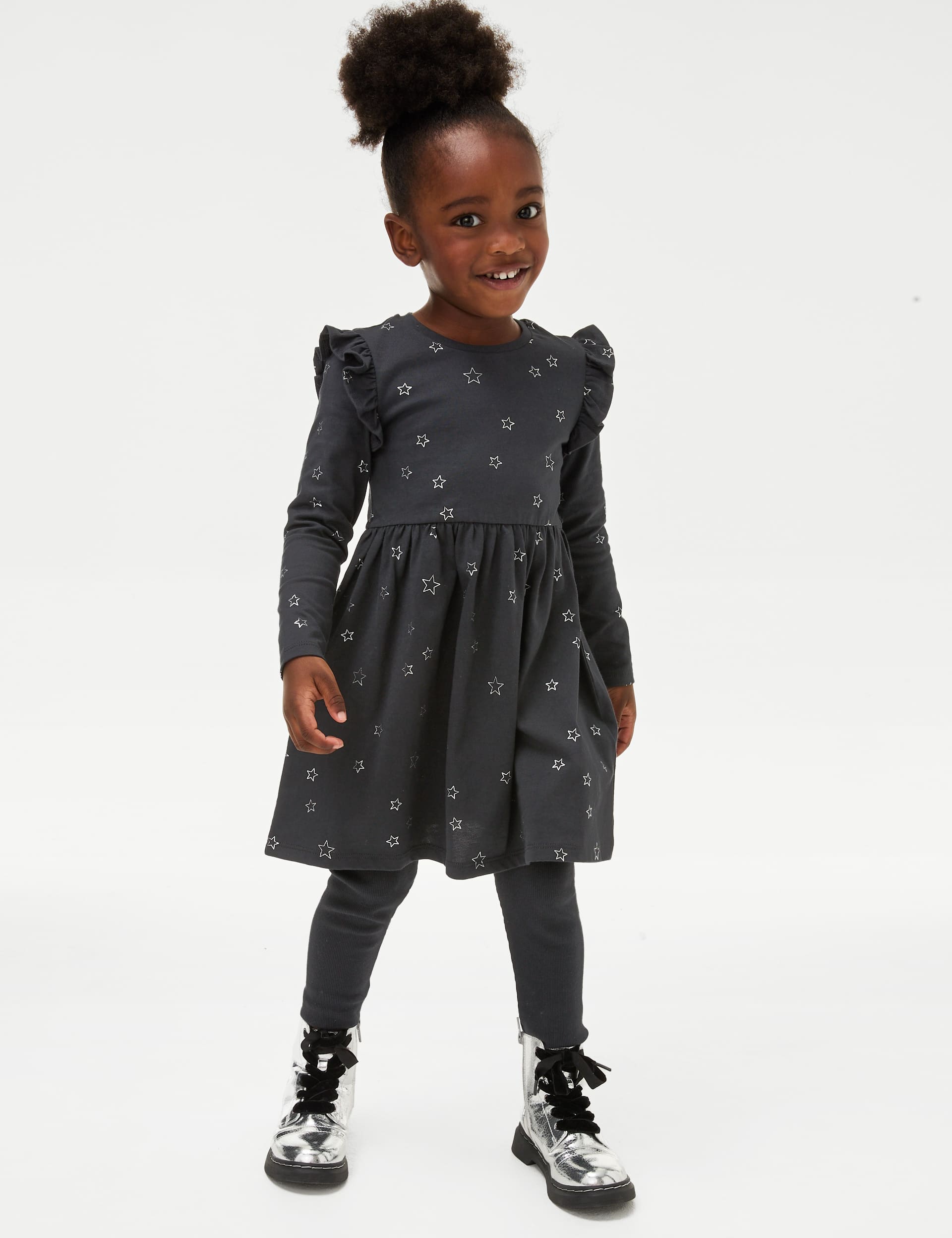 M&S Girls Pure Cotton Foil Star Frill Sleeve Dress (2-8 Yrs) - 4-5 Y - Carbon, Carbon