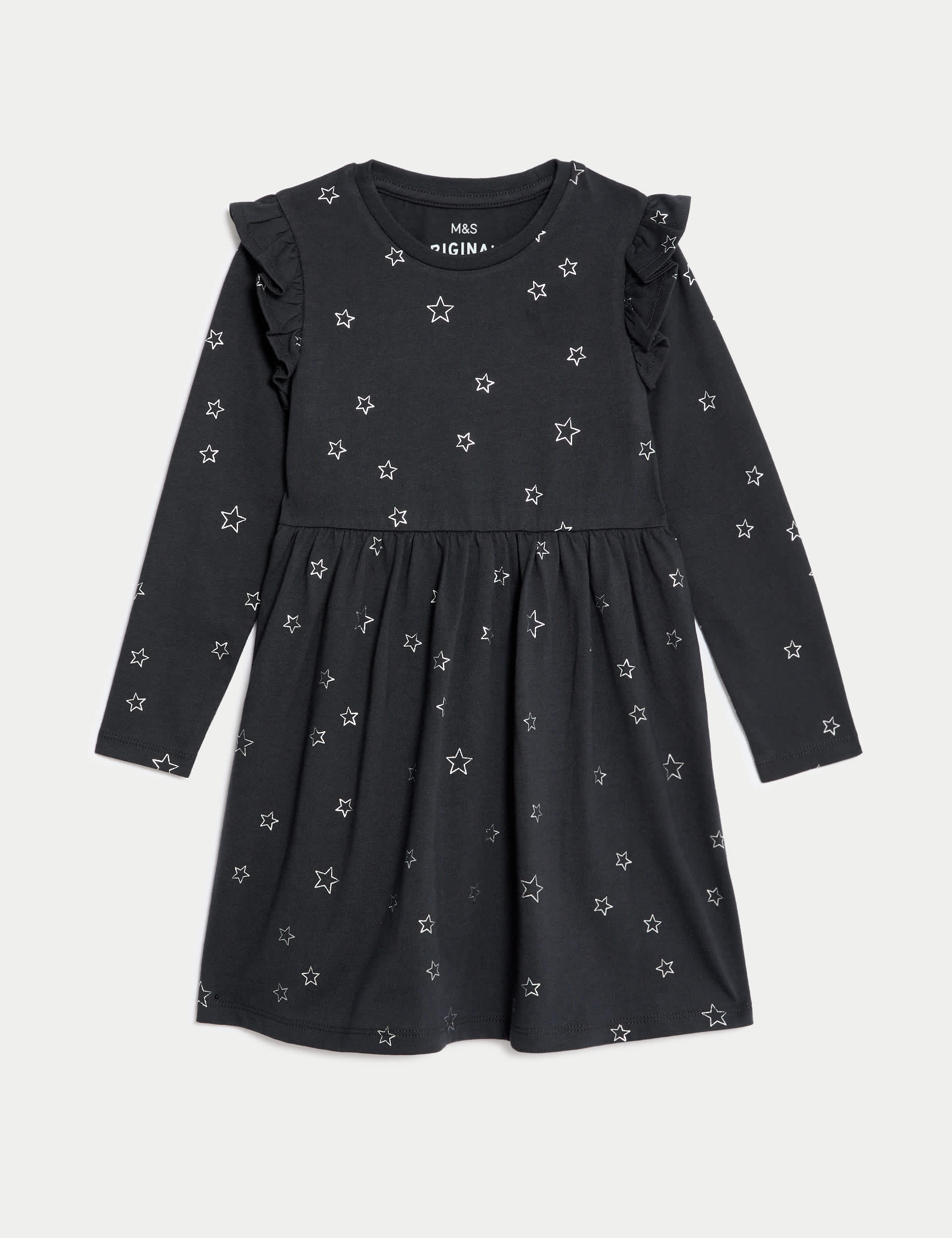 M&S Girls Pure Cotton Foil Star Frill Sleeve Dress (2-8 Yrs) - 3-4 Y - Carbon, Carbon