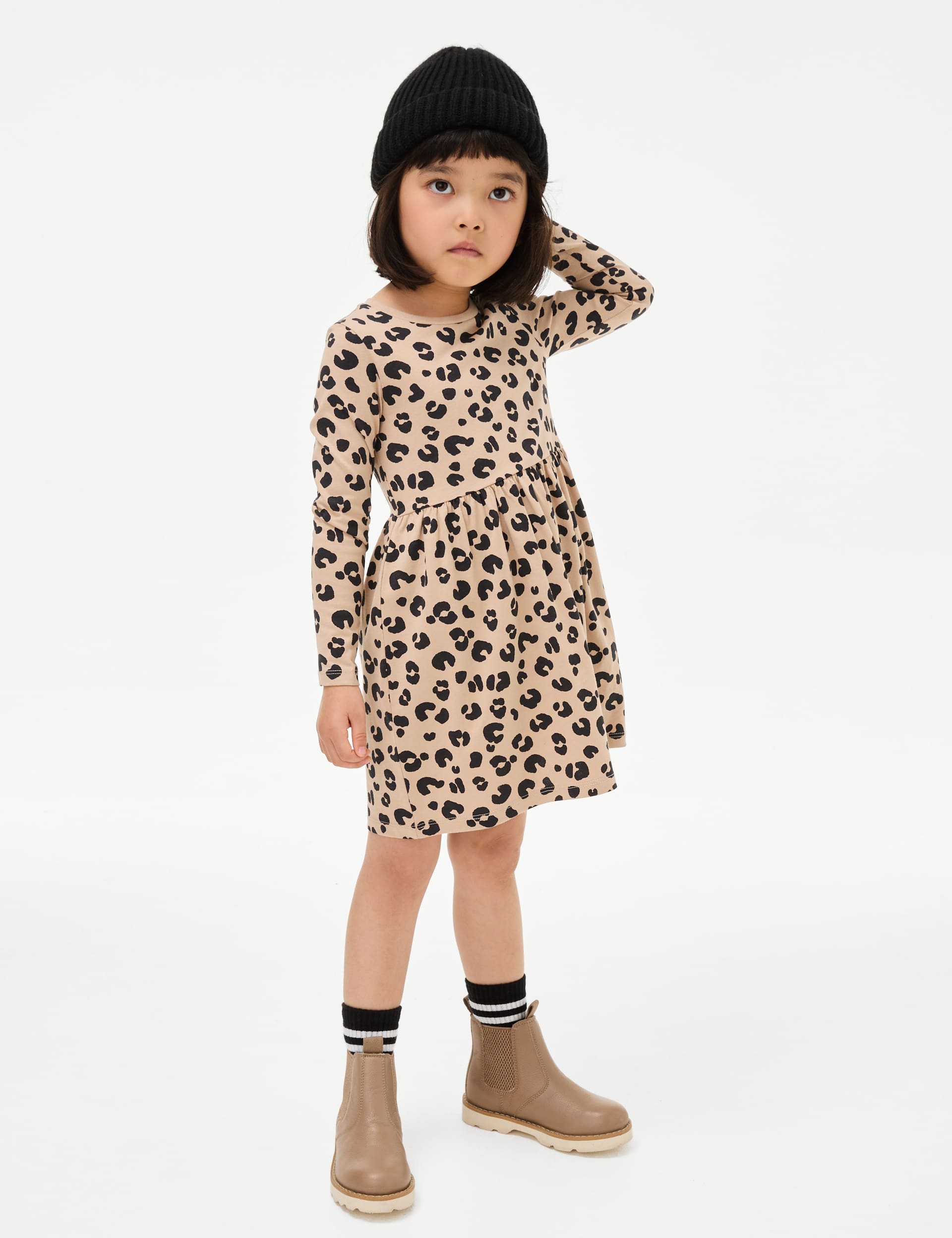 M&S Girls Cotton Rich Animal Print Dress (2-8 Yrs) - 4-5 Y - Neutral, Neutral