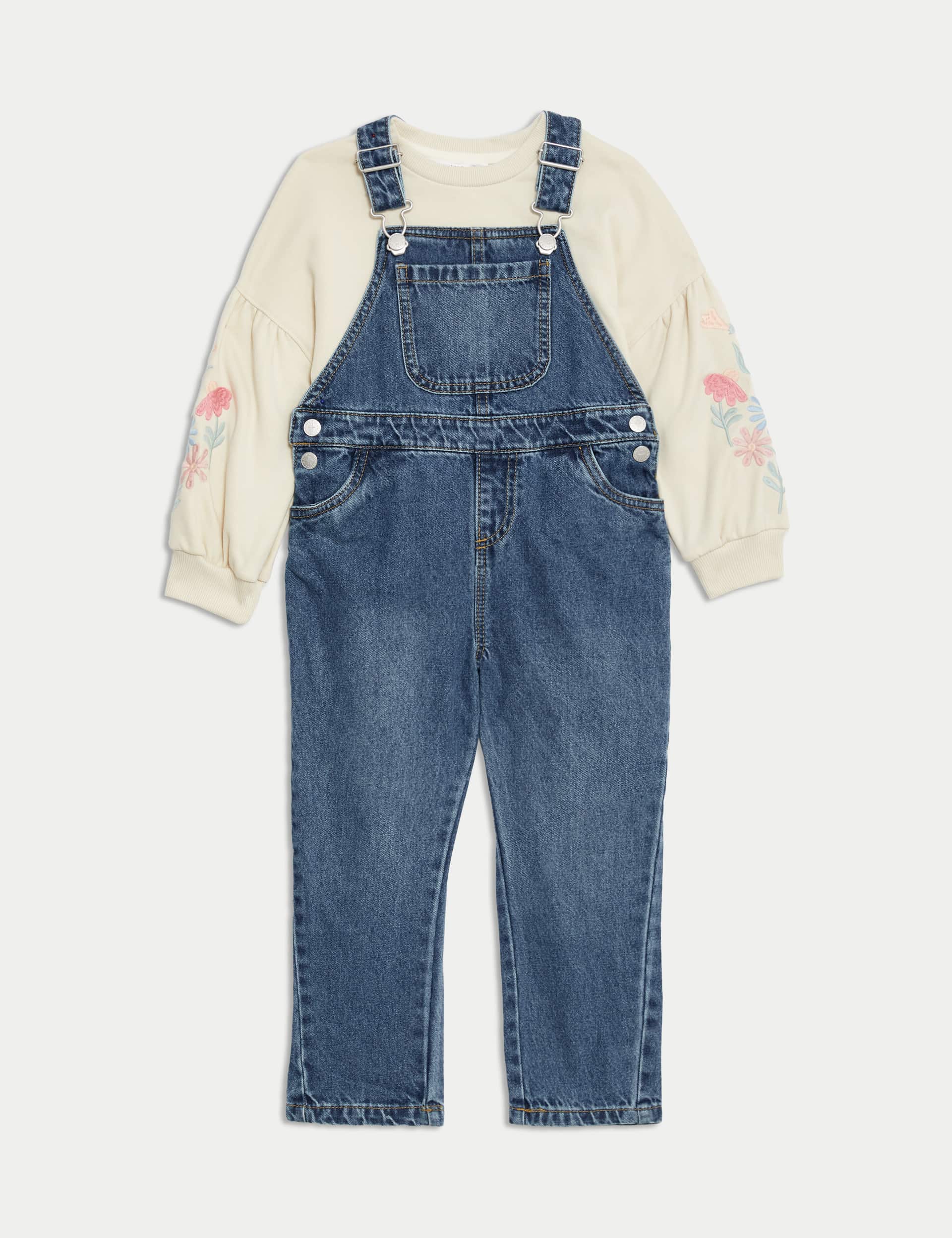 M&S Girls 2pc Denim Dungaree and Sweatshirt Outfit (2-8 Yrs)