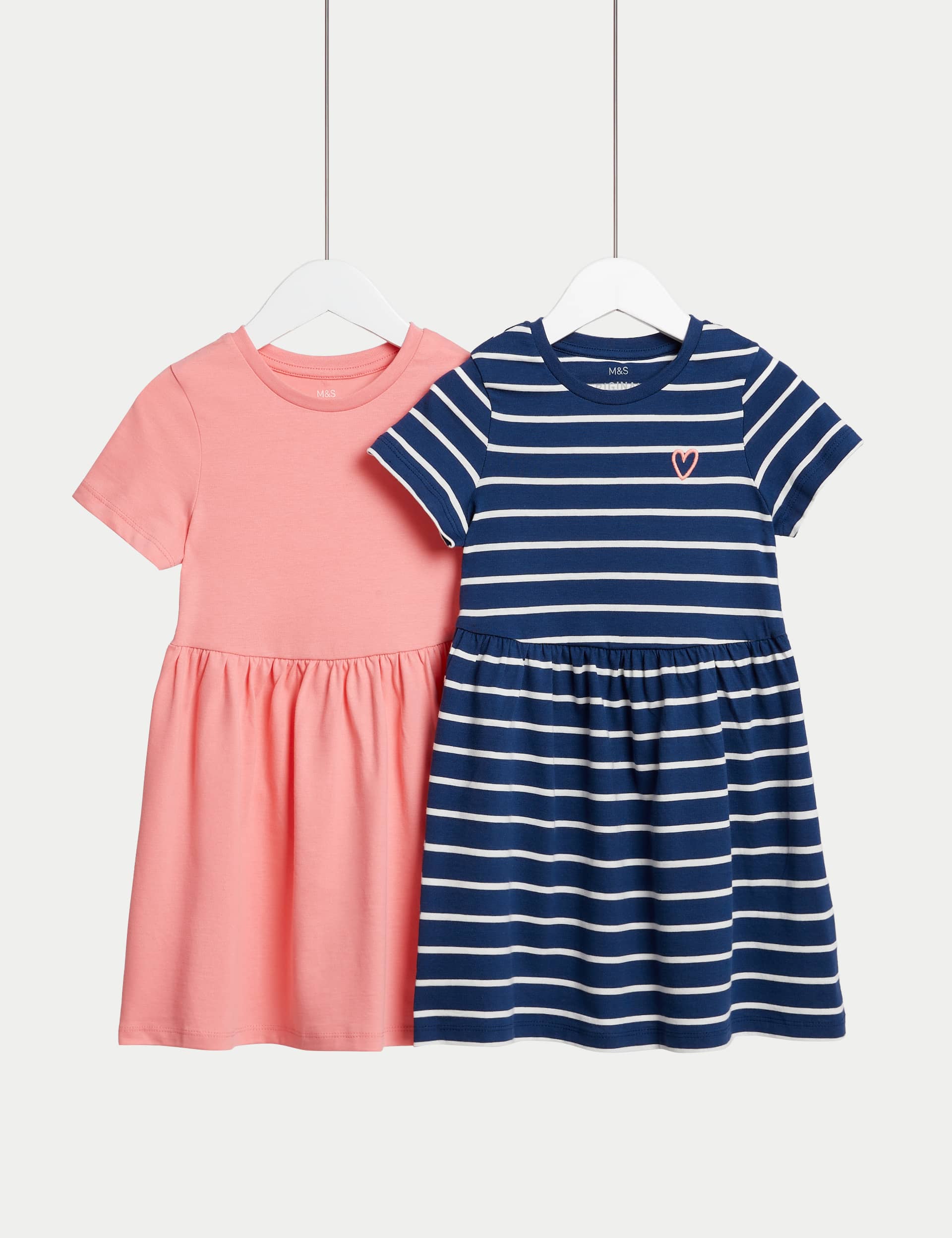 M&S Girls 2pk Cotton Rich Striped Dresses (2-8 Yrs) - 5-6 Y - Carbon, Carbon,Bright Aqua