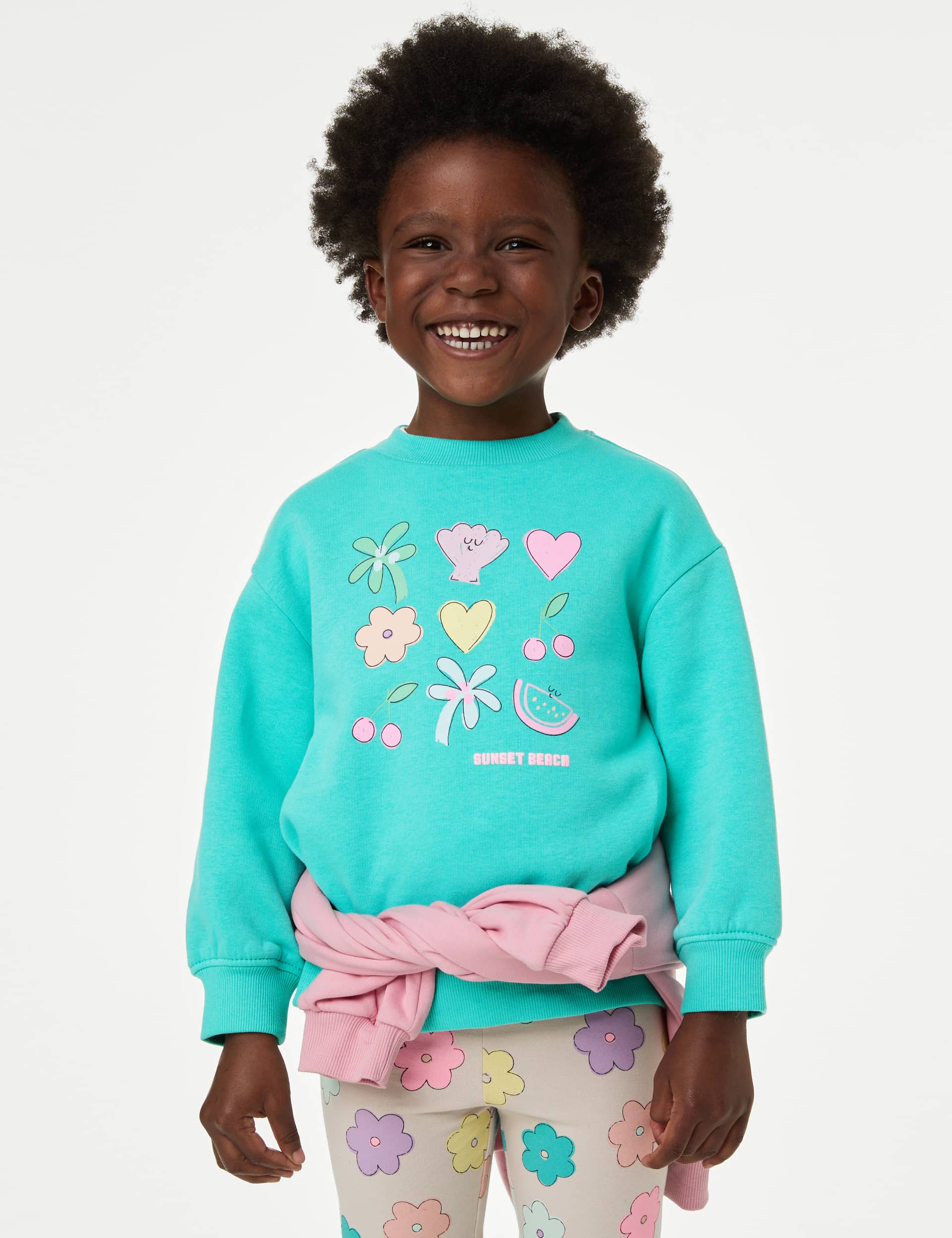 M&S Girls Cotton Rich Printed Sweatshirt (2-8 Yrs) - 3-4 Y - Green, Lilac,Green,Coral Mix