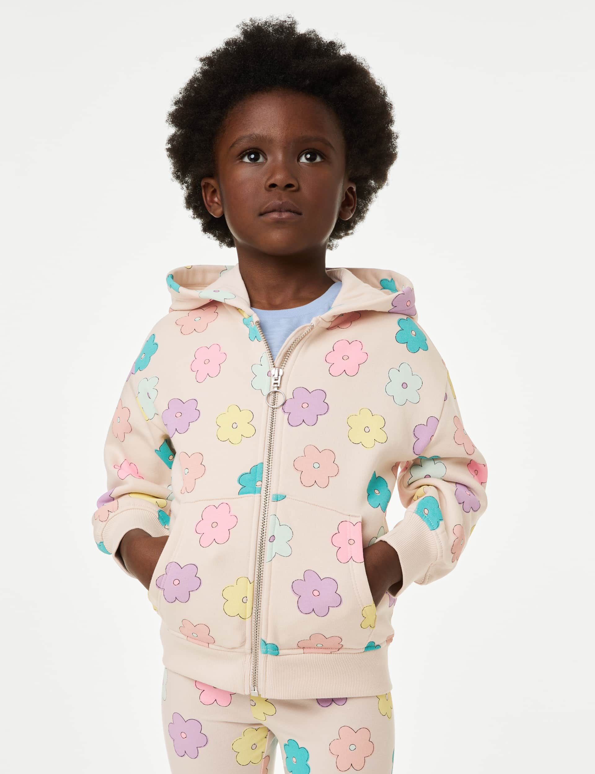 M&S Girls Cotton Rich Printed Zip Hoodie (2-8 Yrs) - 6-7 Y - Calico, Calico,Pink Mix,Turquoise