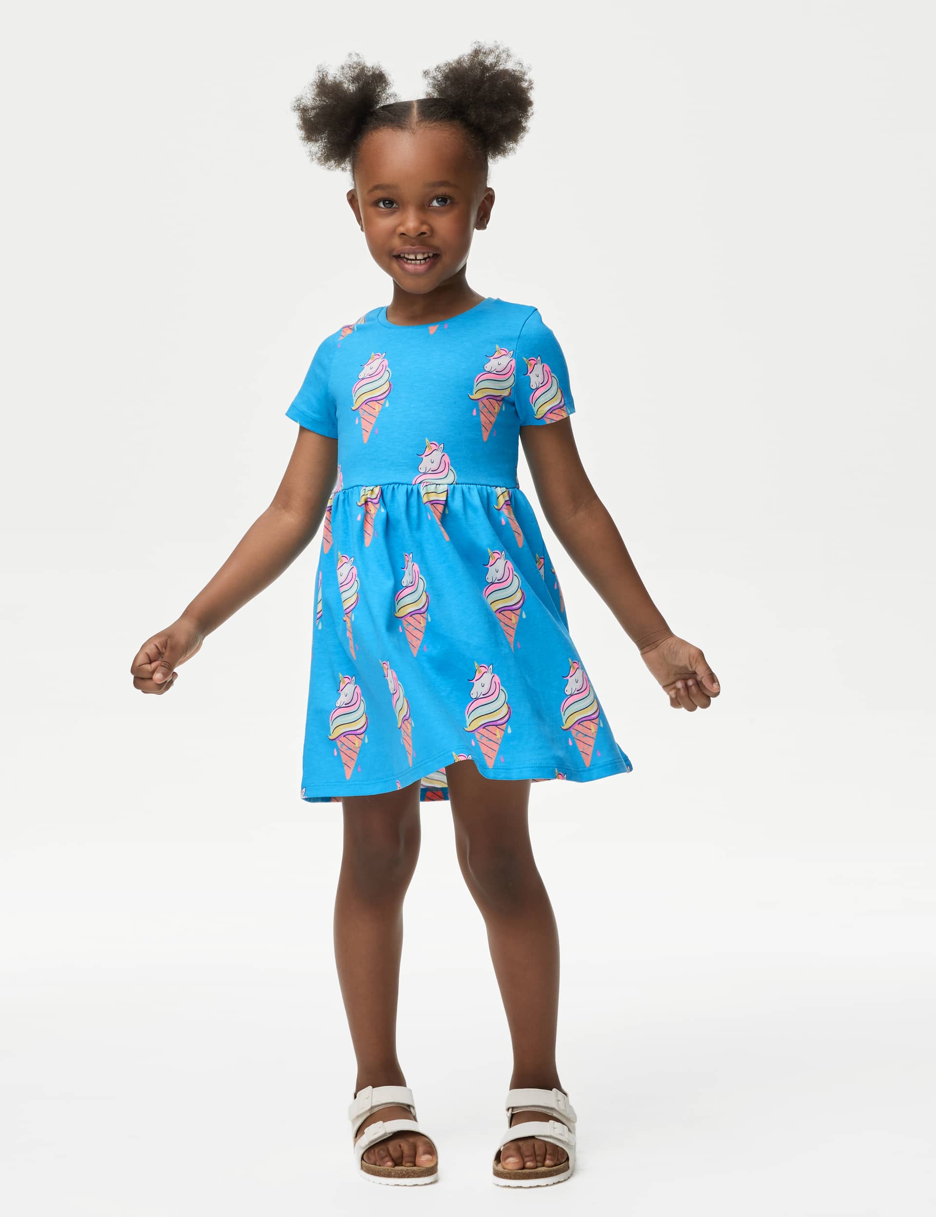 M&S Girls Pure Cotton Printed Dress (2-8 Yrs) - 2-3 Y - Blue Mix, Calico,Coral,Pink Mix,Blue Mix,Lil