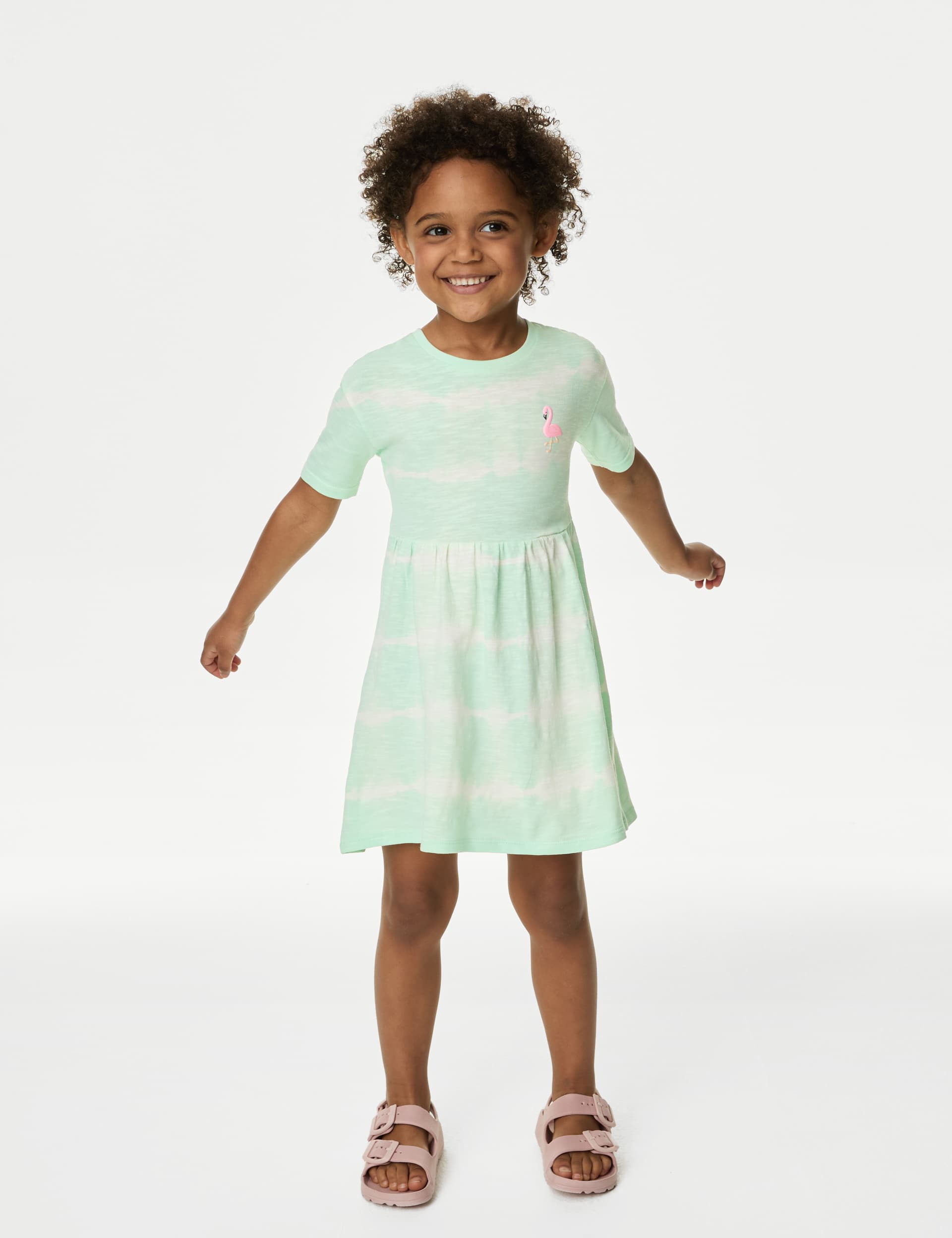 M&S Girls Pure Cotton Striped Flamingo Dress (2-8 Yrs) - 3-4 Y - Turquoise, Turquoise