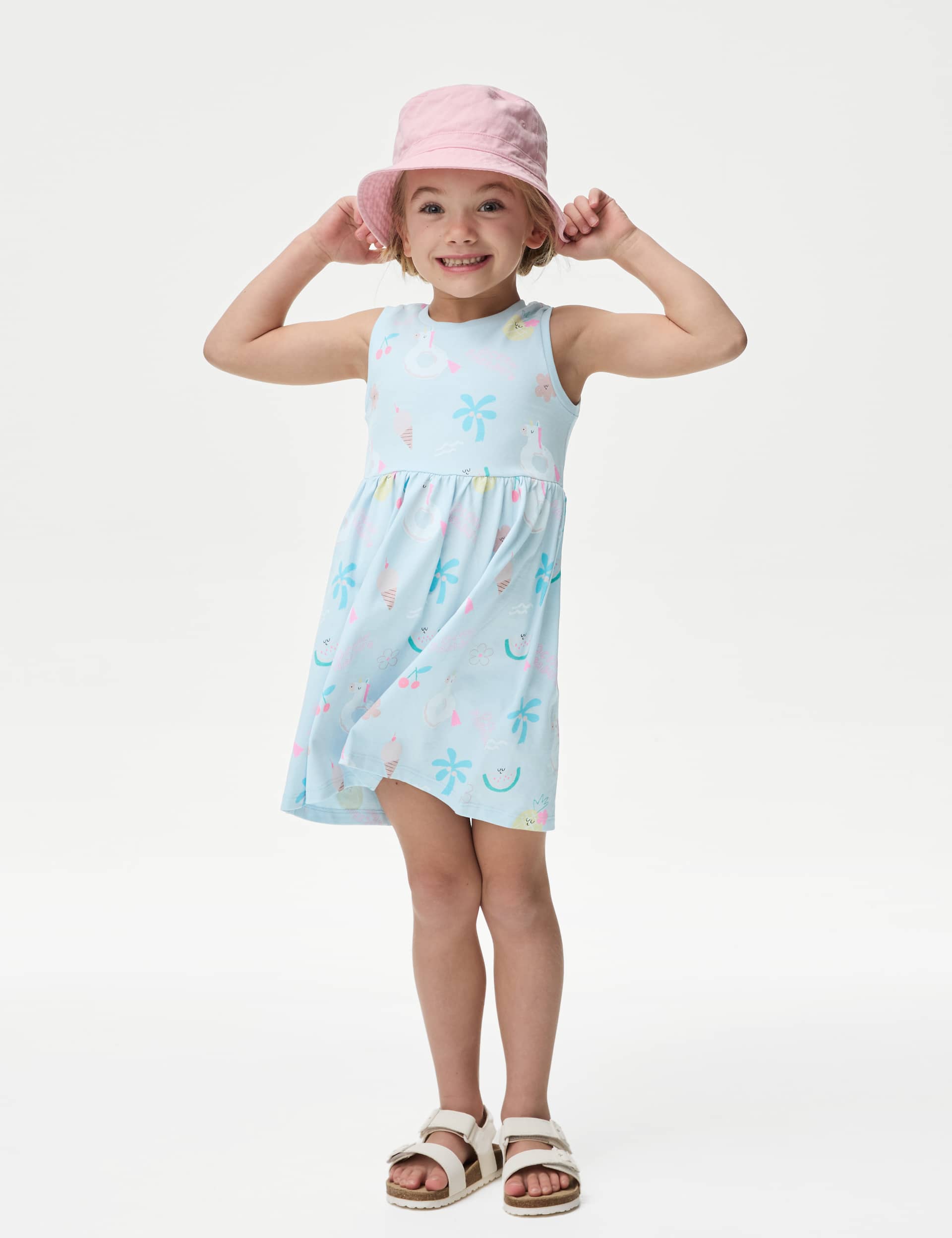 M&S Girls Pure Cotton Print Dress (2-8 Yrs) - 2-3 Y - Turquoise, Purple,Turquoise