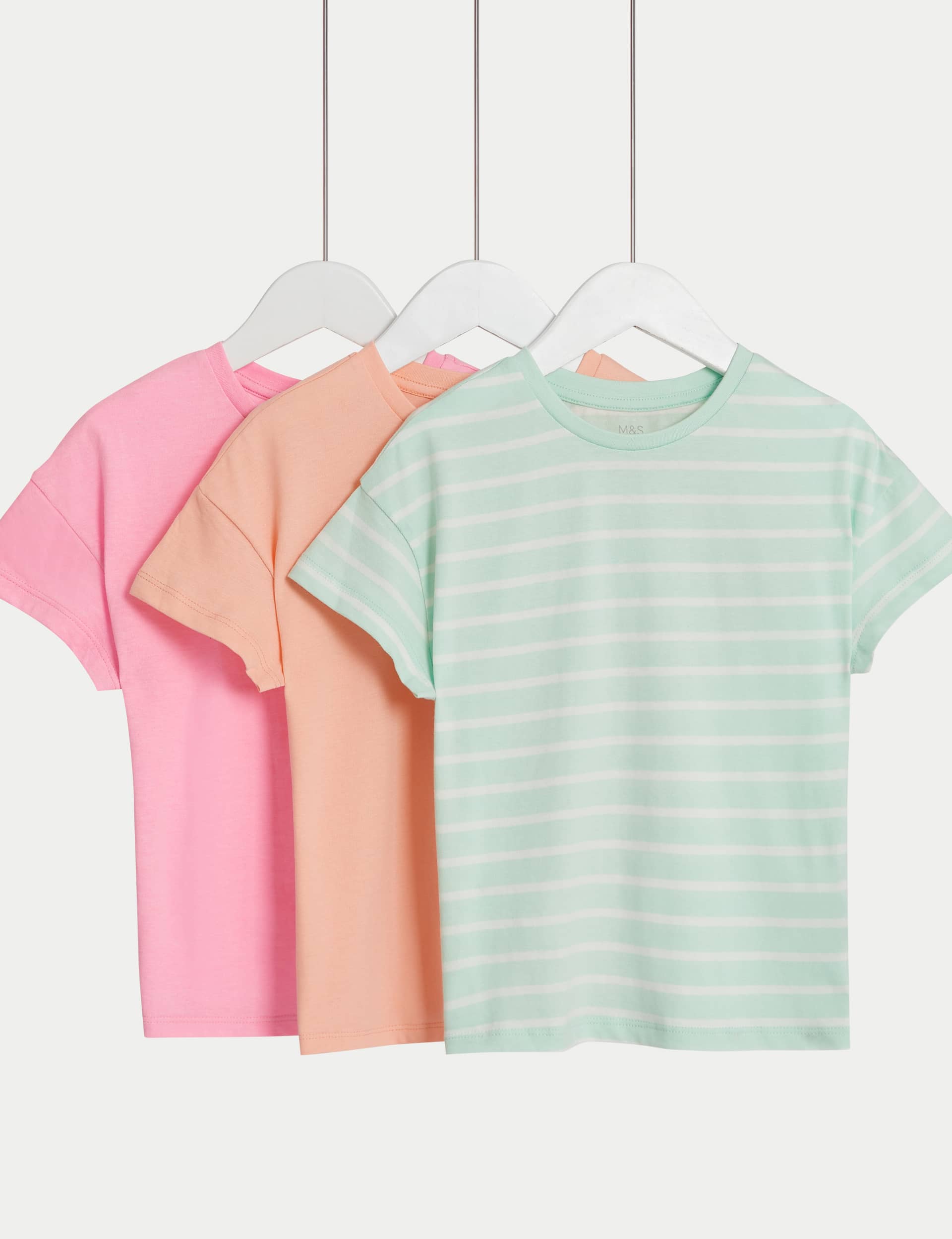 M&S Girls 3pk Cotton Blend T-Shirts (2-8 Yrs) - 6-7 Y - Multi, Multi