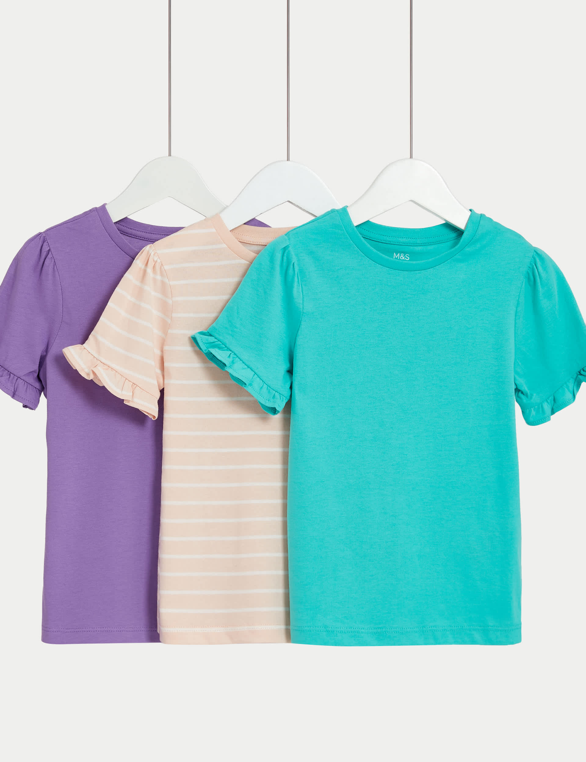 M&S Girls 3pk Pure Cotton Frill T-Shirts (2-8 Yrs) - 6-7 Y - Multi, Multi