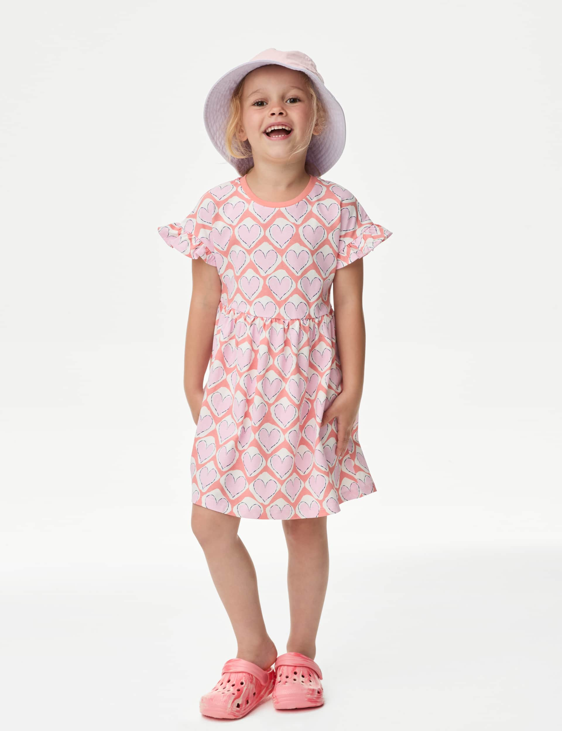 M&S Girls Pure Cotton Heart Print Dress (2-8 Yrs) - 3-4 Y - Pink Mix, Pink Mix