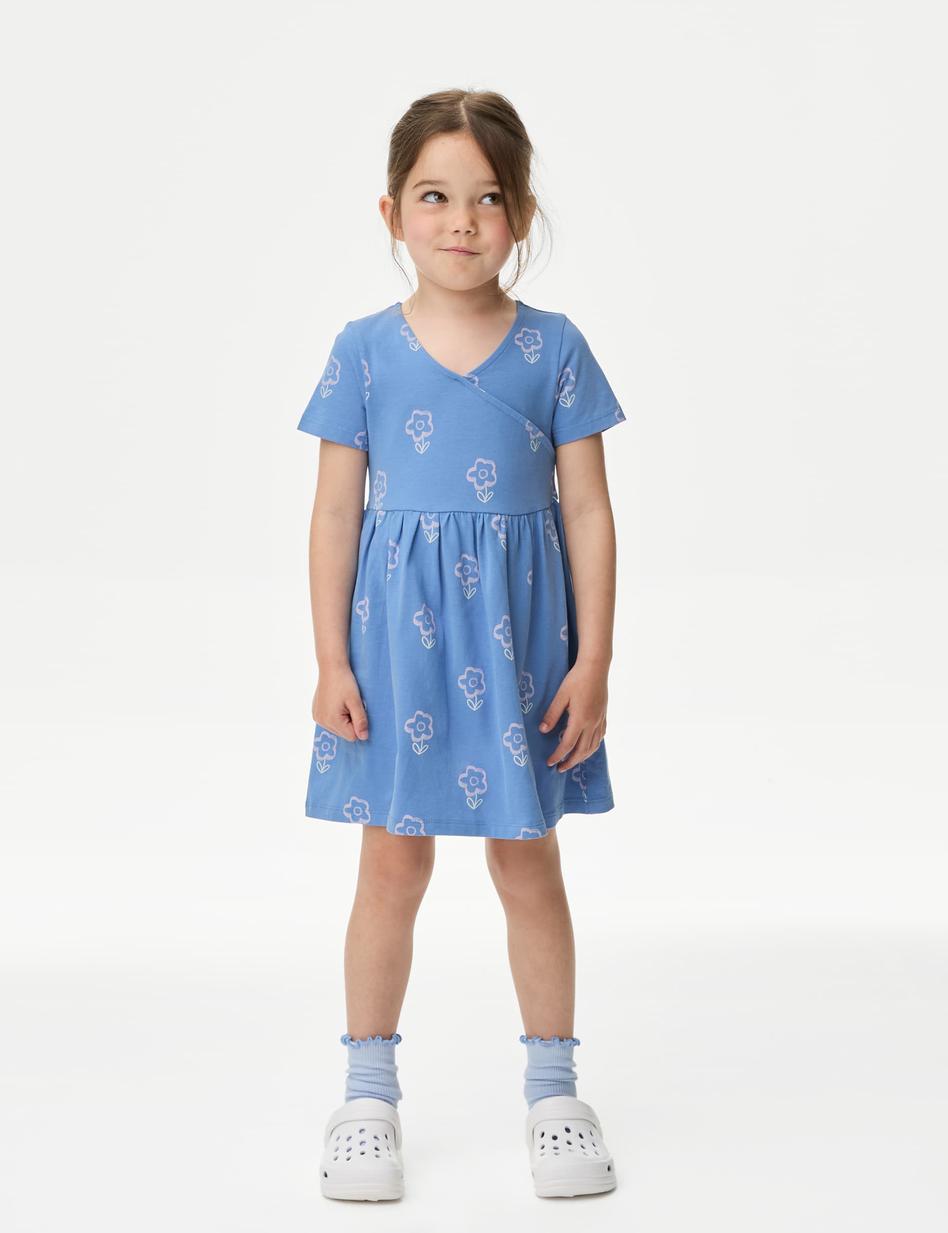 M&S Girls Pure Cotton Printed Dress (2-8 Yrs) - 4-5 Y - Blue, Blue