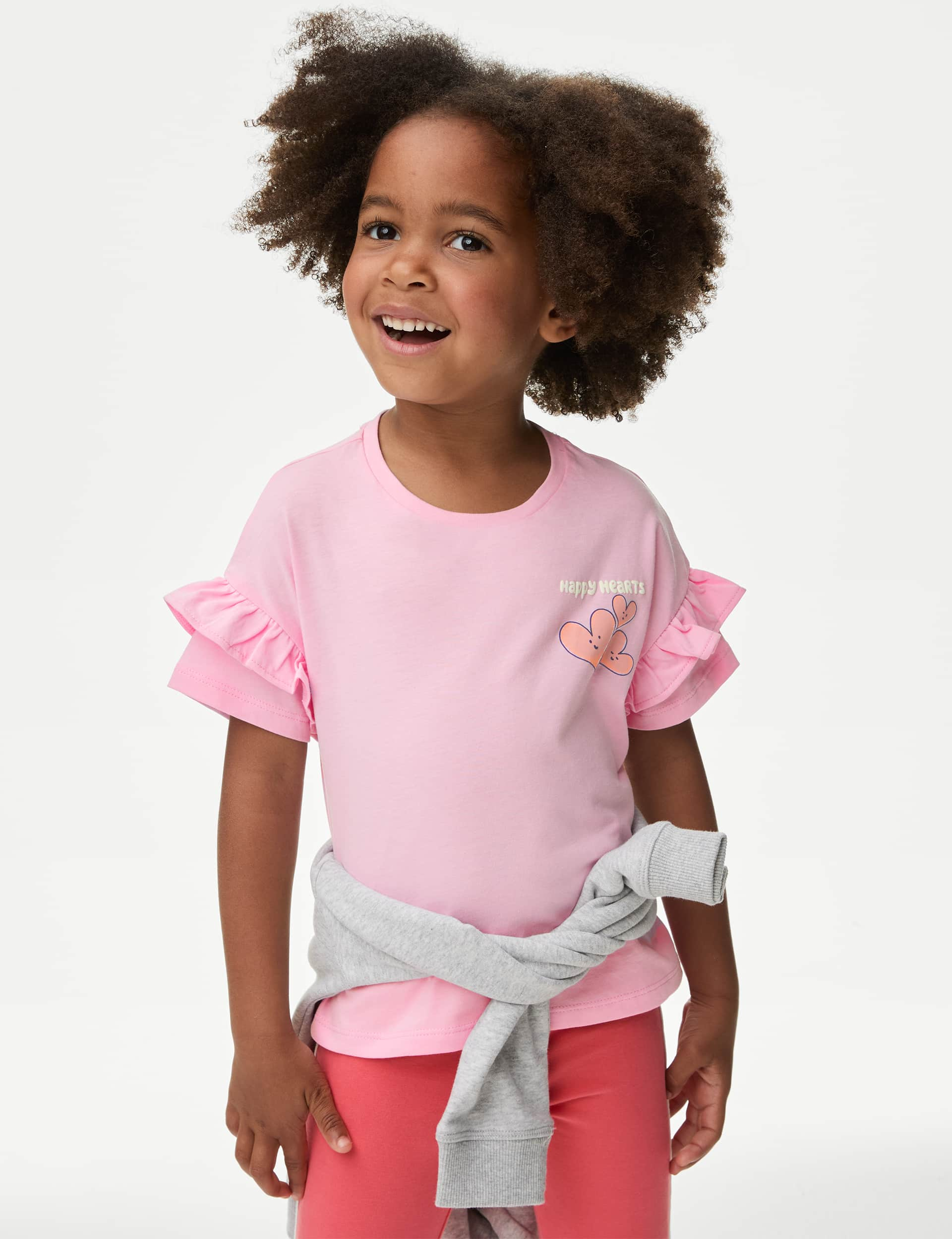 M&S Girls Pure Cotton Graphic Frill Sleeve T-Shirt (2-8 Yrs) - 6-7 Y - Pink Mix, Blue,Pink Mix