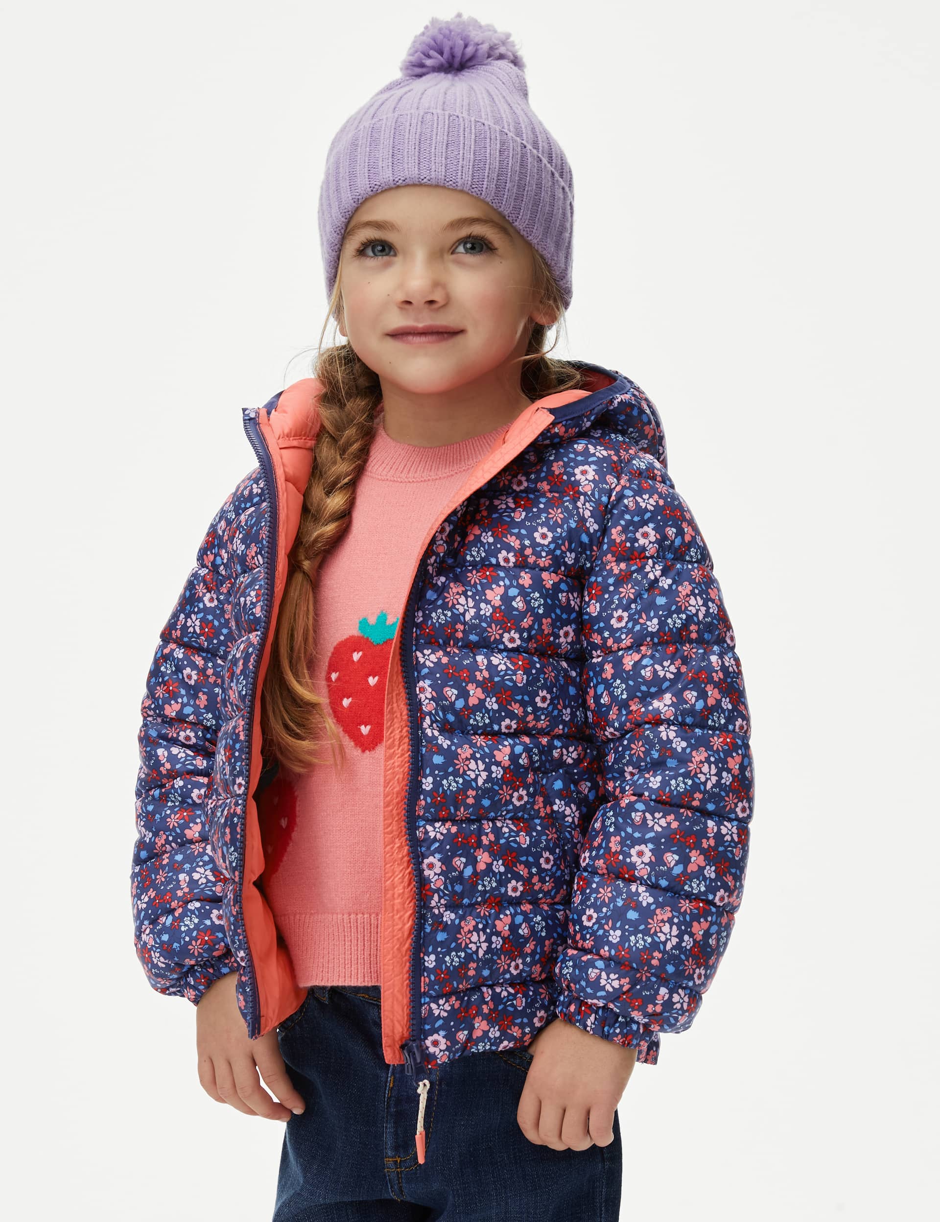 M&S Girls Stormwear Lightweight Padded Floral Jacket (2-8 Yrs) - 6-7 Y - Navy Mix, Navy Mix