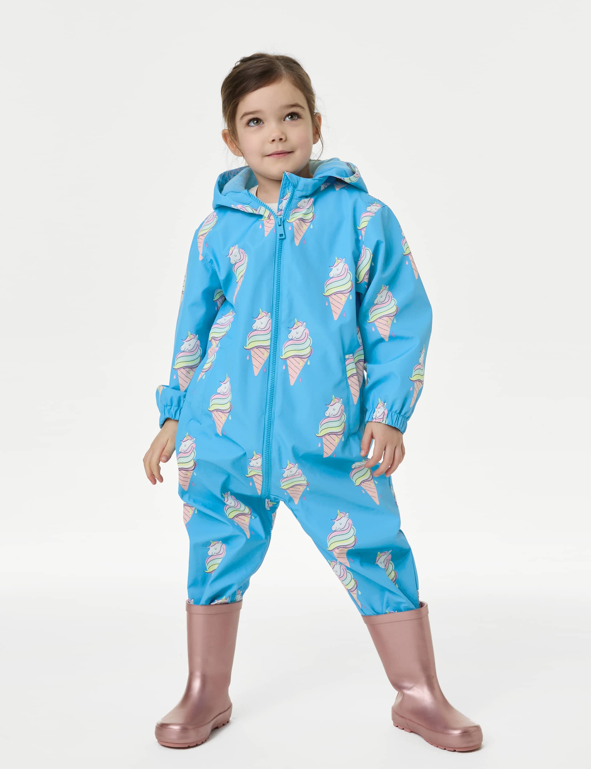 M&S Girls Hooded Colour Block Puddlesuit (2-8 Years) - 5-6 Y - Blue Mix, Blue Mix