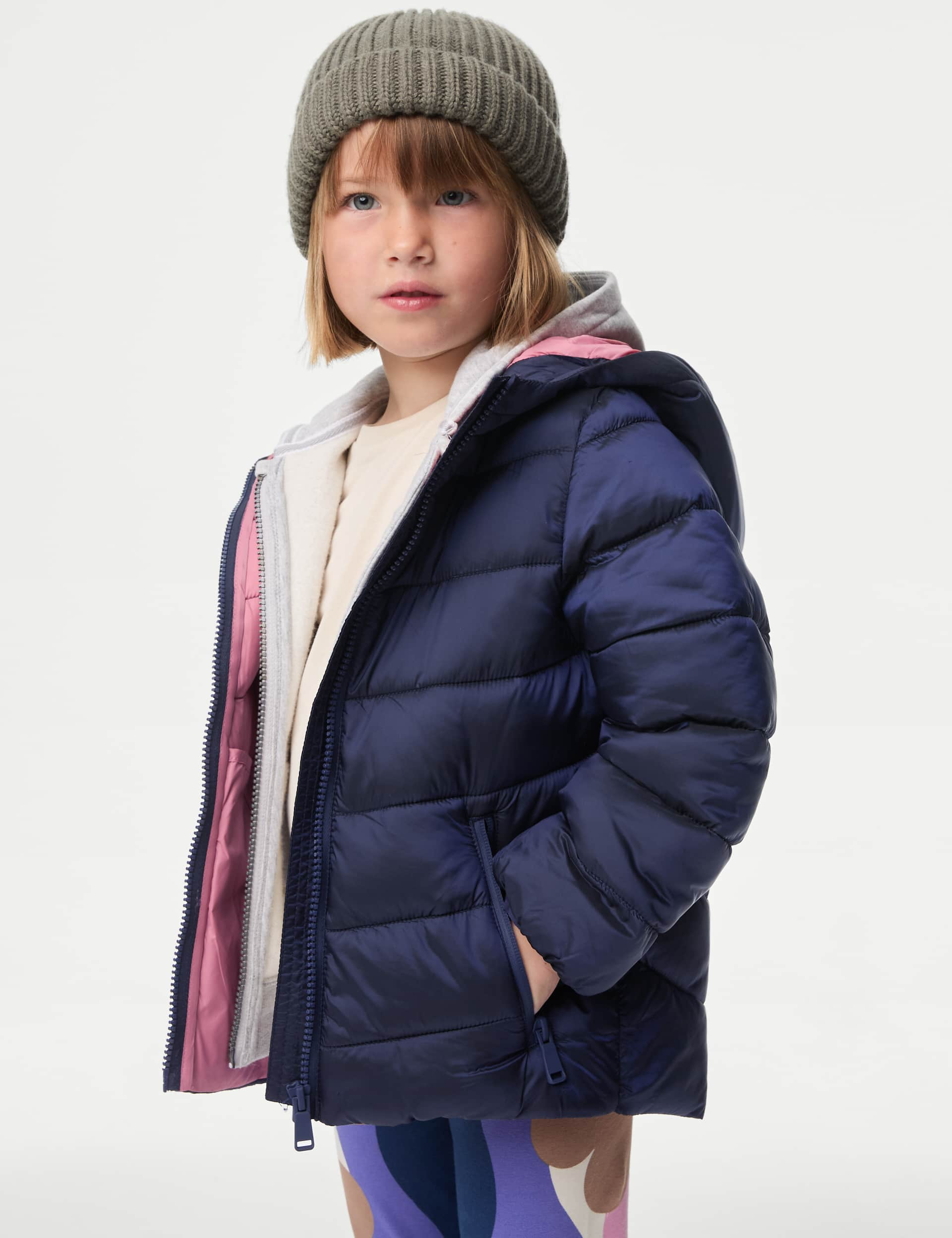 M&S Girls Lightweight Padded Jacket (2-8 Yrs) - 6-7 Y - Navy, Navy,Pink