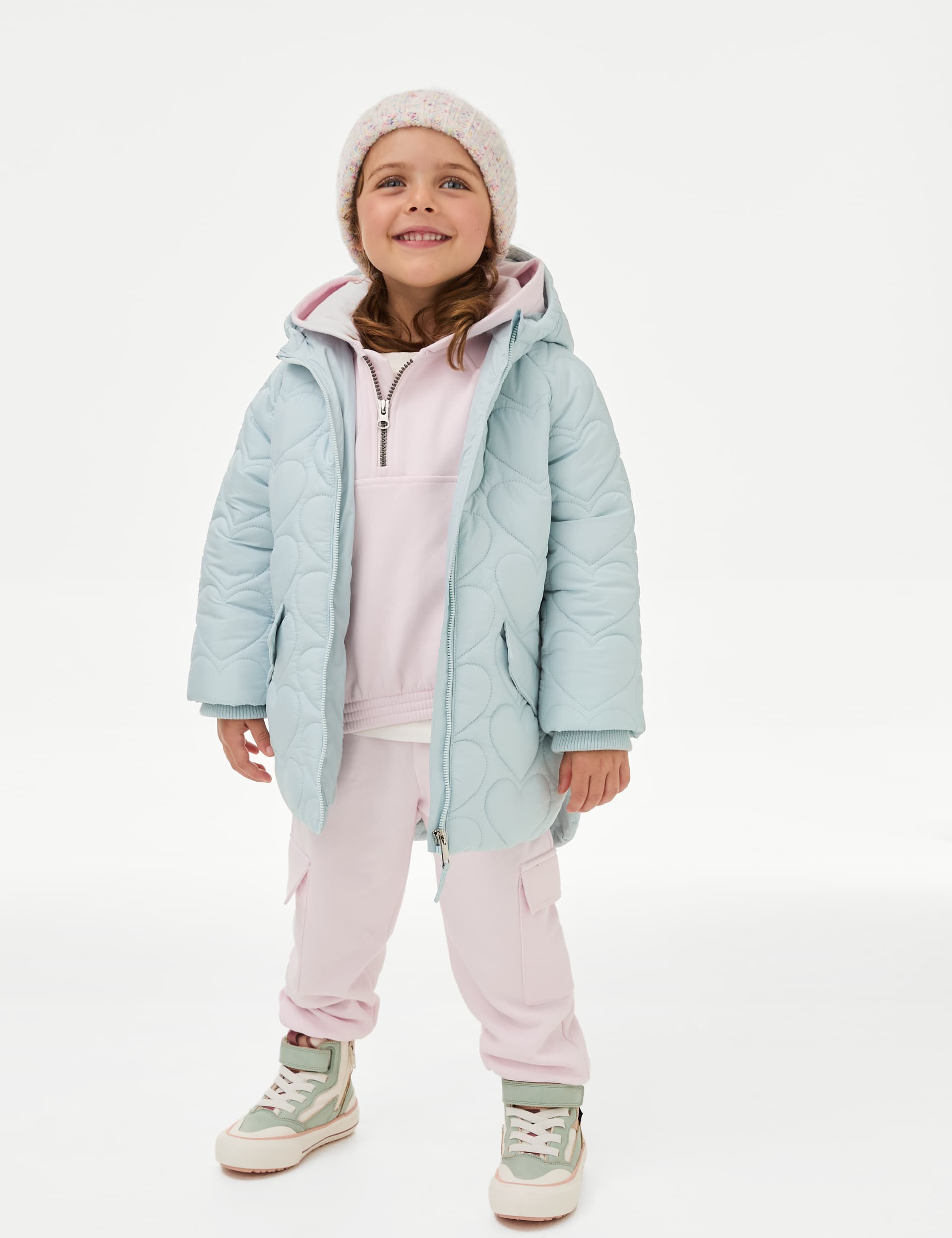 M&S Girls Hooded Heart Quilt Padded Coat (2-8 Yrs) - 5-6 Y - Mint, Pink,Mint